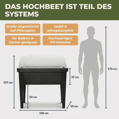 Hochbeet XXL mit angegebenen Massen und Volumen im Vergleich zu einer stehenden Person