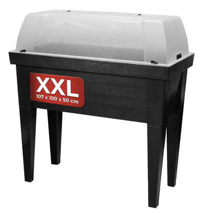 Hochbeet XL mit vier Beinen und transparenter Fruehbeetabdeckung vor neutralem Hintergrund