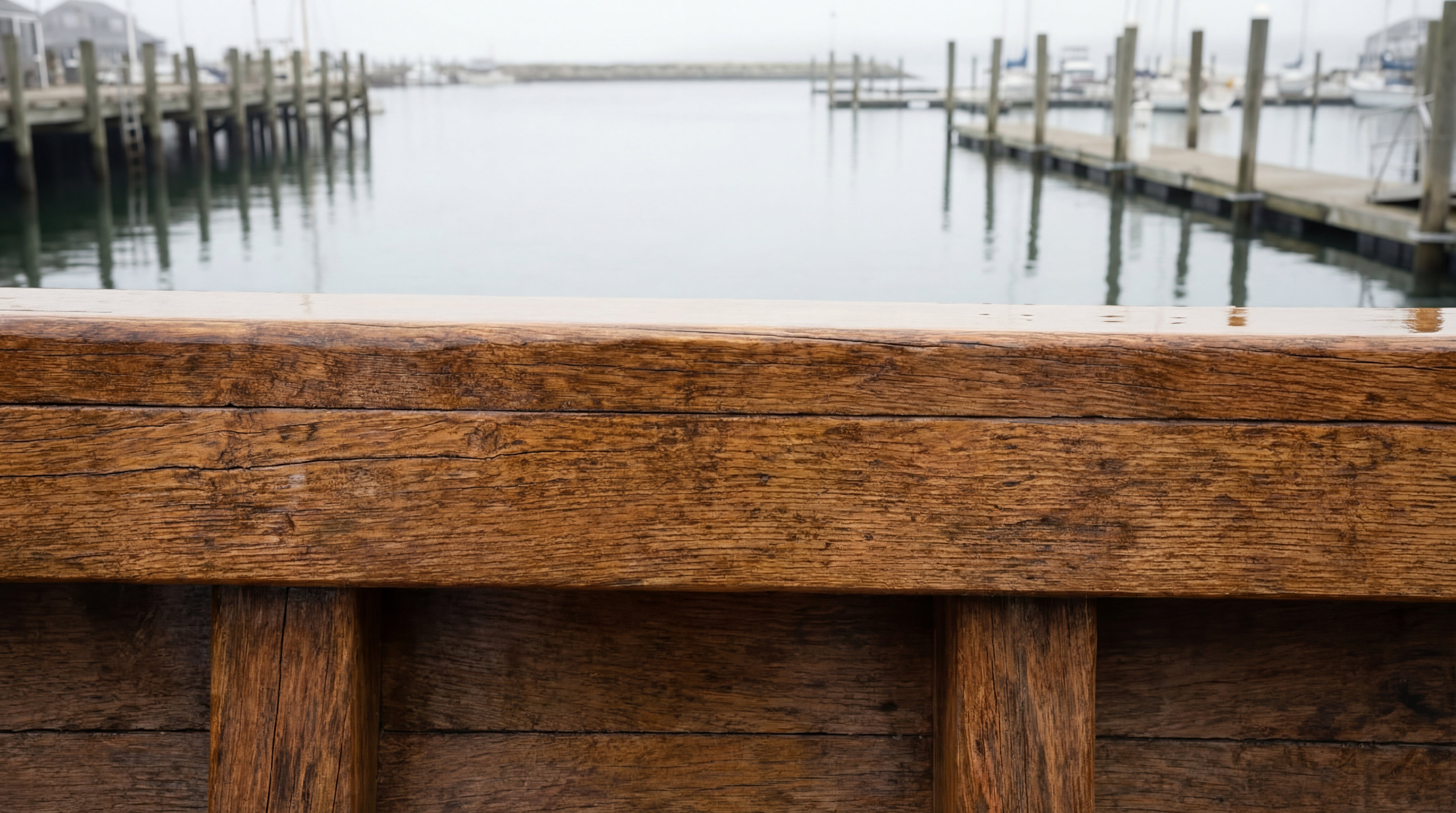 Behandeltes Holzgelander am Hafen mit dunklerem Farbton und geschuetzter Oberflaeche