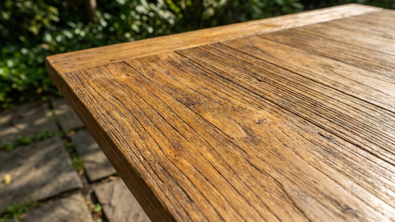 Verwitterte Holzoberfläche eines Gartentisches mit sichtbarer Maserung und leichten Gebrauchsspuren
