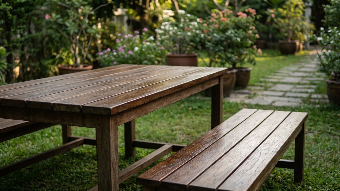 Holzgartentisch mit passender Bank auf einer Rasenfläche in einem Garten mit Pflanzen im Hintergrund