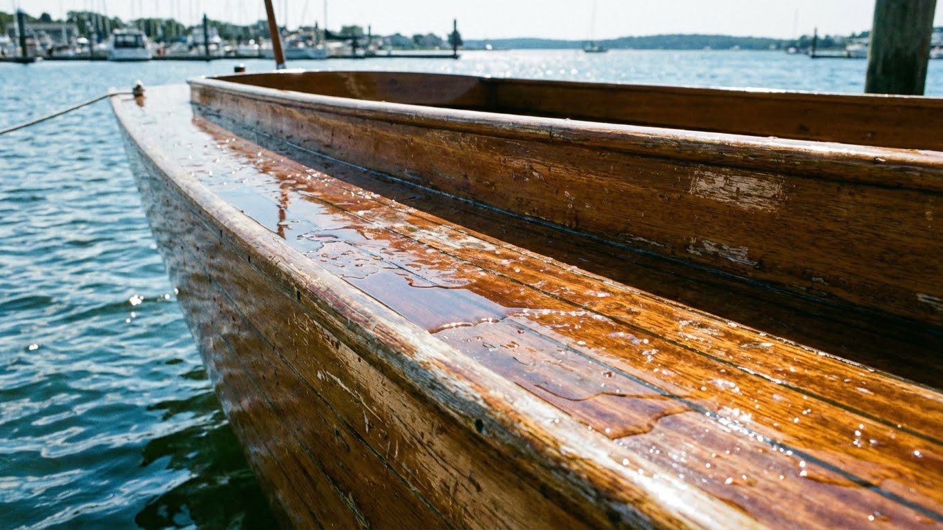 Nahaufnahme eines Holzboot-Rumpfs mit nasser, teilweise verwitterter Oberflaeche am Wasser