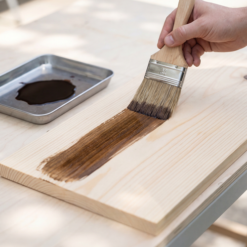 Ein Pinsel trägt dunkle Holzlasur in einem gleichmäßigen Streifen auf ein helles Holzbrett auf, daneben steht eine Metallschale mit Lasur.