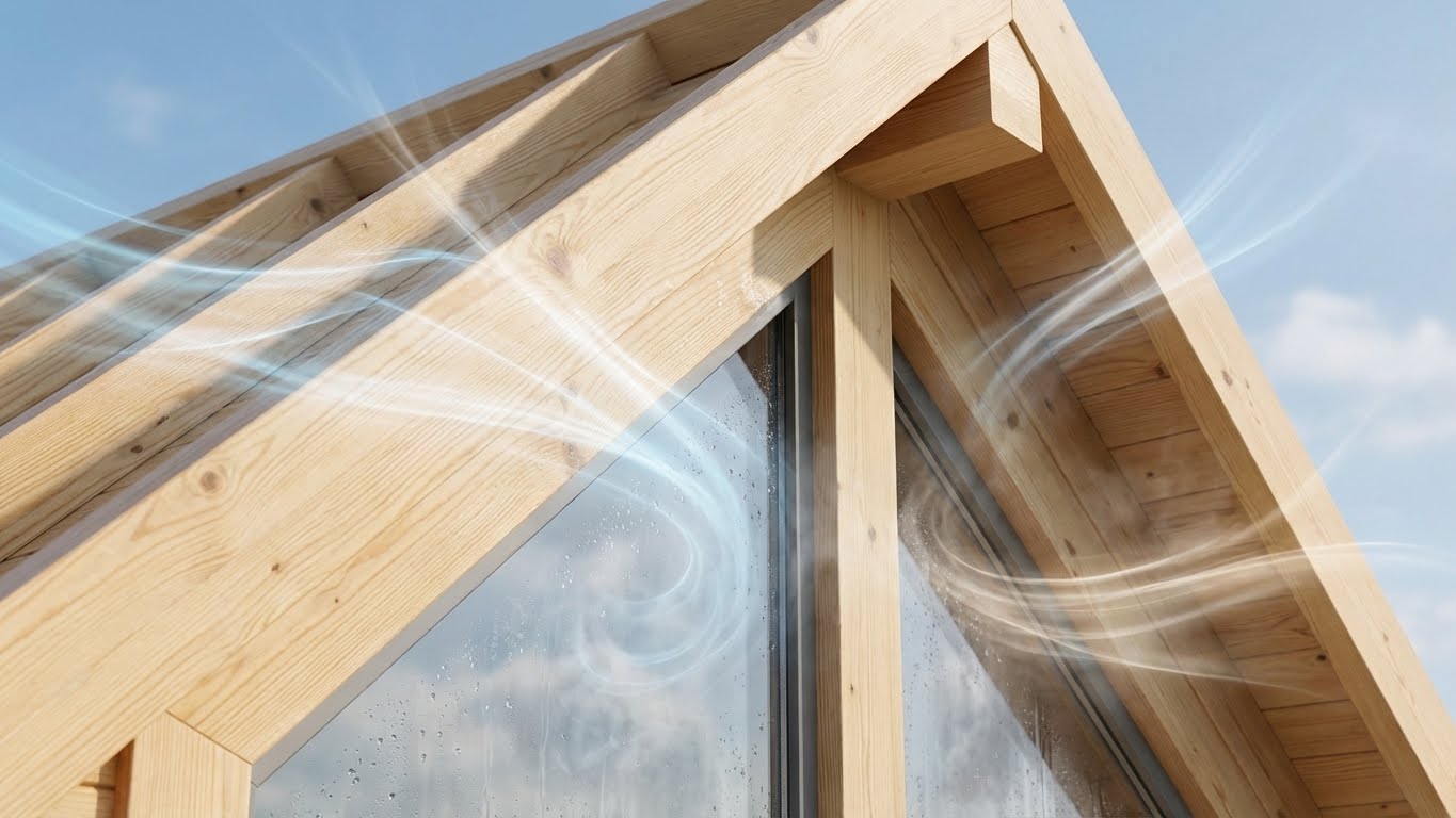 Holzkonstruktion eines Hausdachs mit Darstellung der atmungsaktiven Eigenschaft von Holzschutz