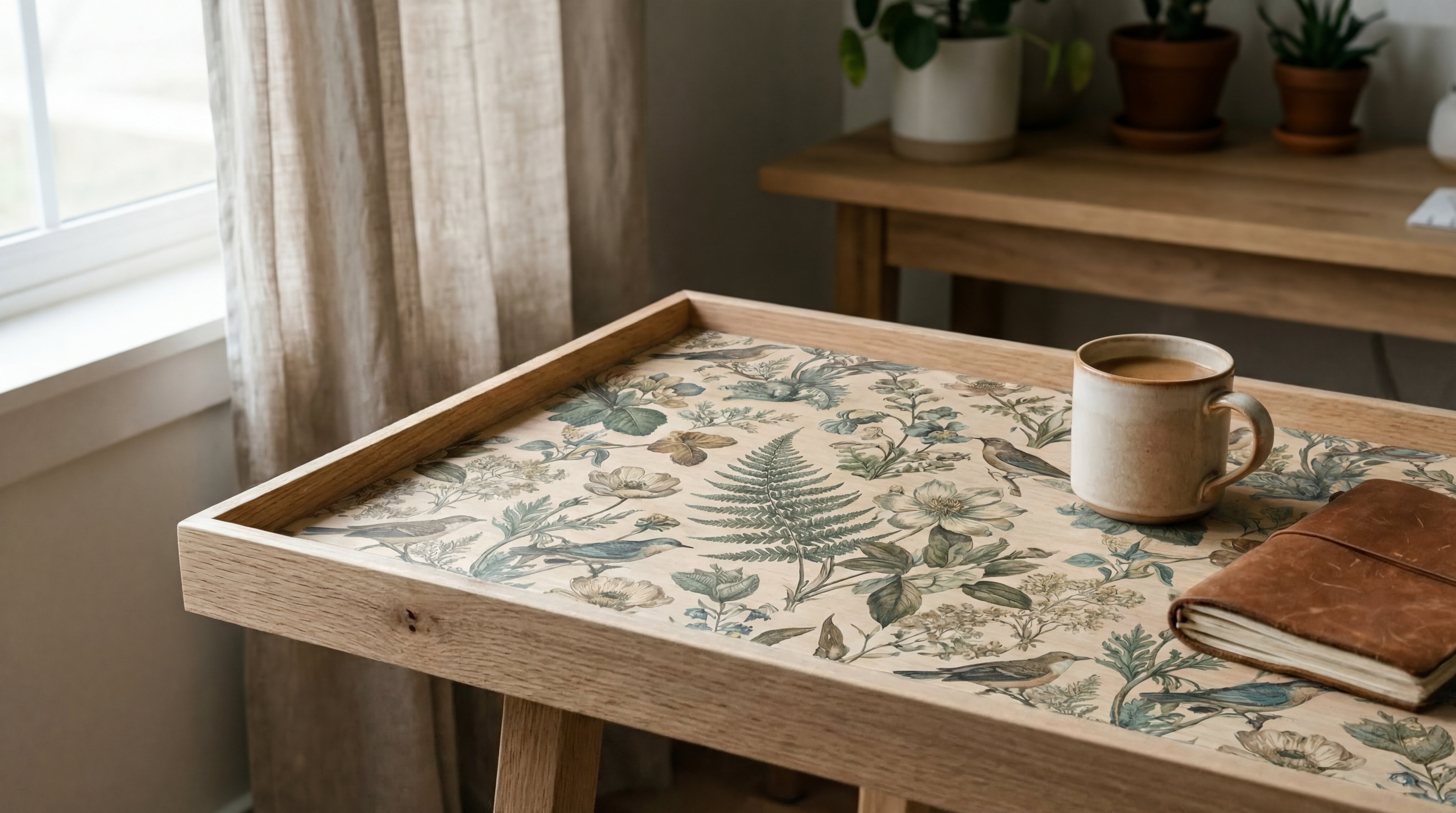 Holztablett mit floralem Decoupage Motiv im Innenbereich mit Tasse und Notizbuch