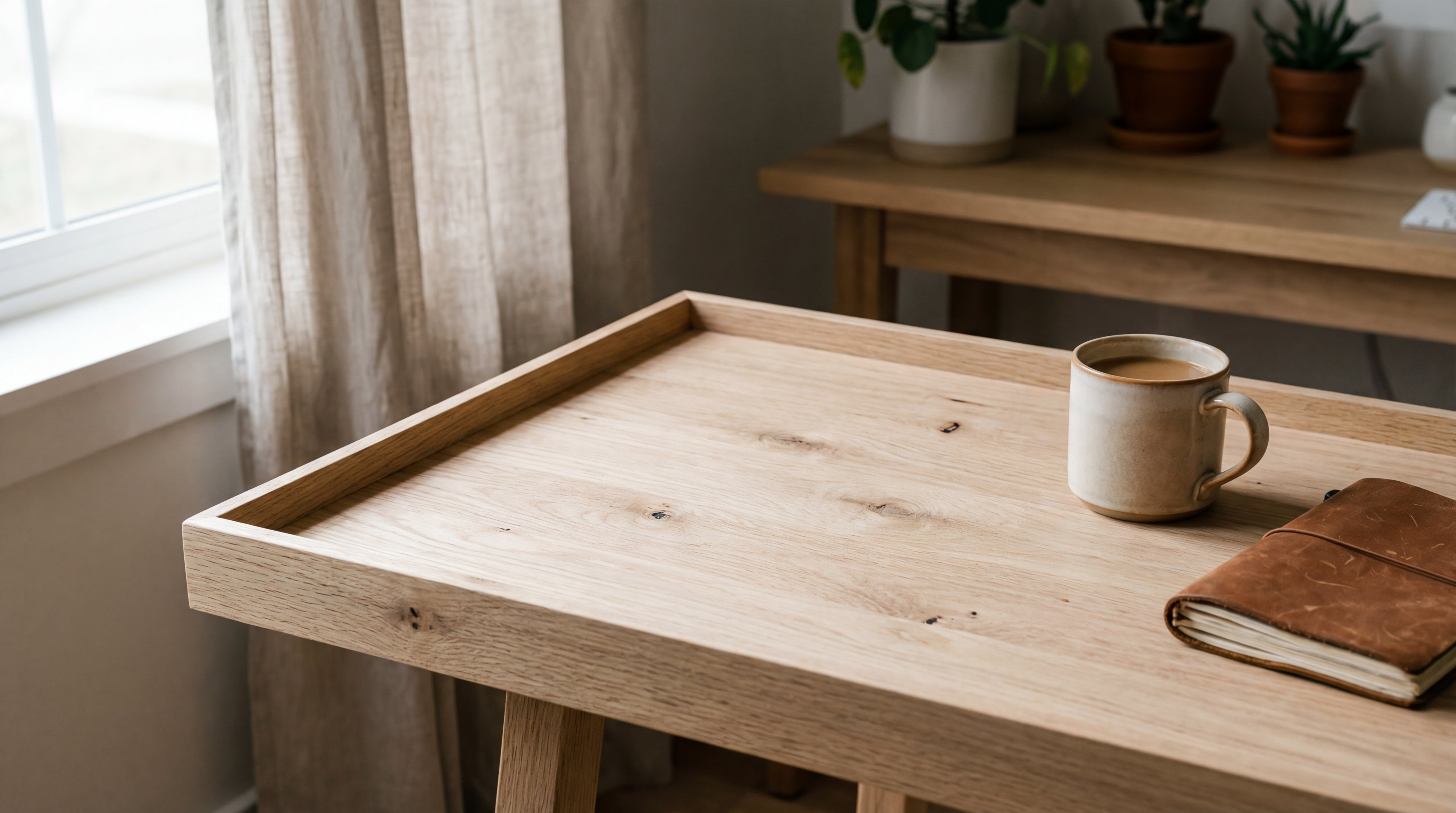 Unverziertes Holztablett mit Tasse und Notizbuch in heller Wohnumgebung