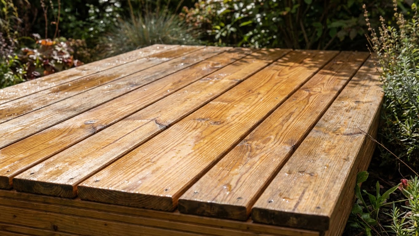 Lasierte Holzterrasse mit sichtbarer Maserung und vereinzelten Wassertropfen nach einem Regenschauer.