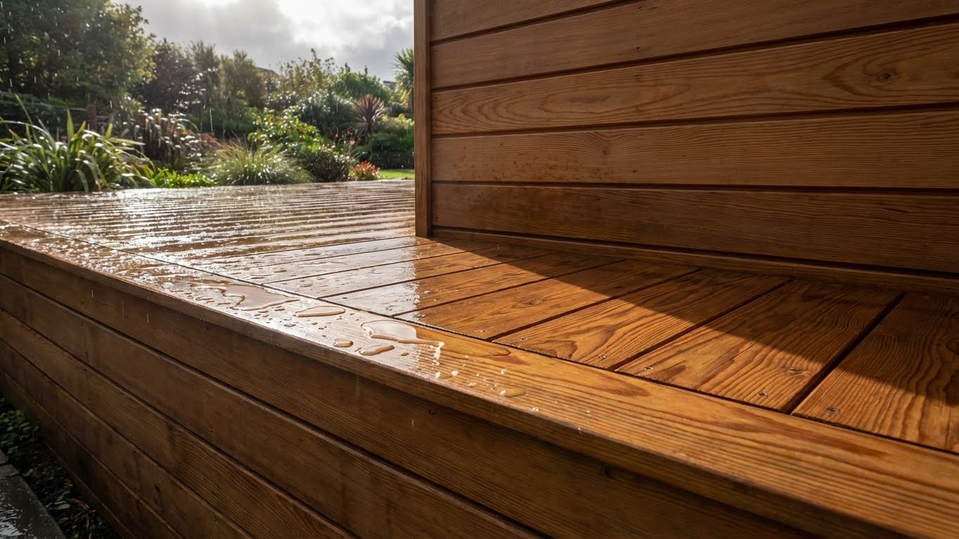 Mit Holzschutz behandelte Terrasse mit abperlendem Wasser nach Regen