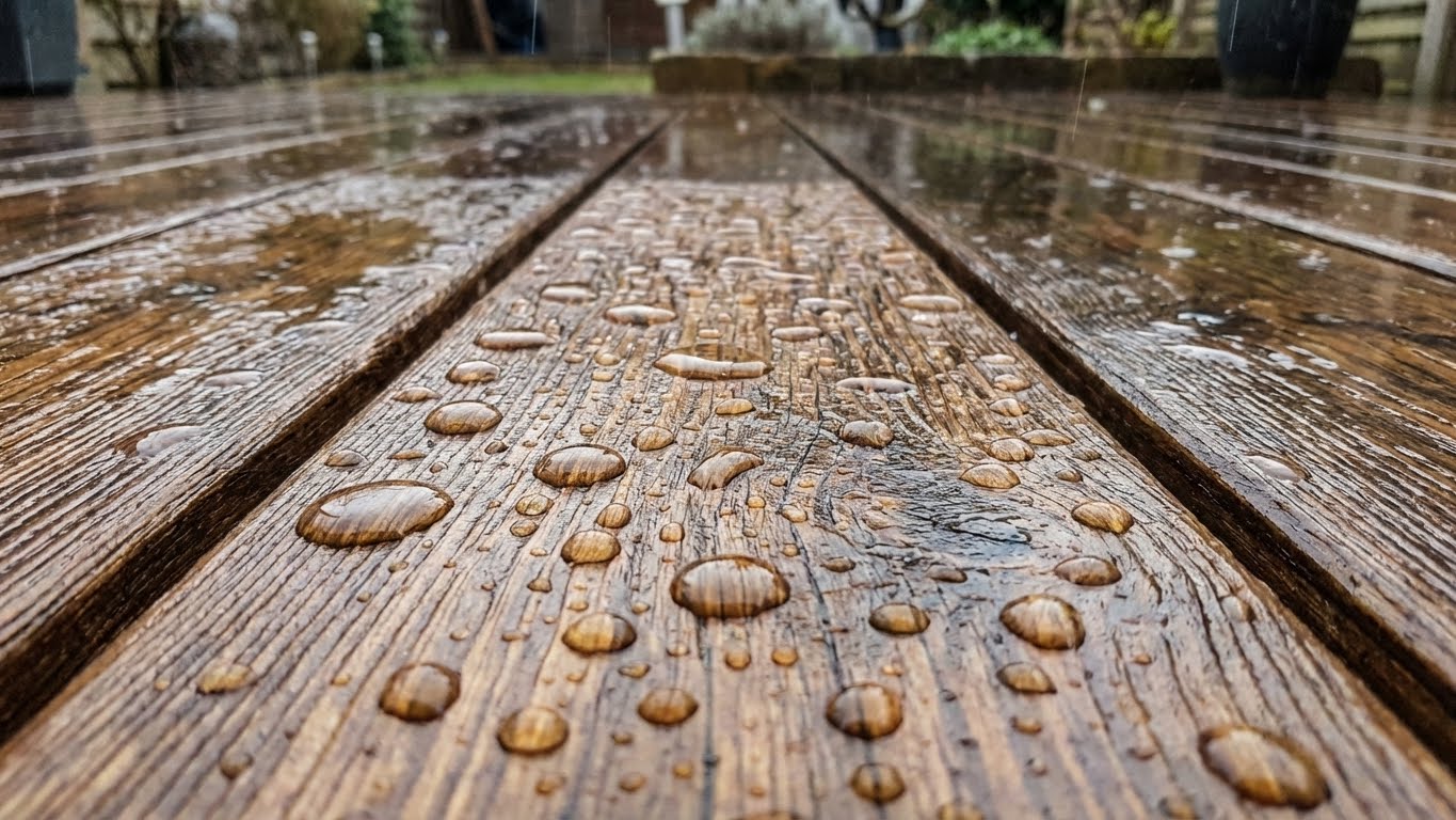 Nahaufnahme einer Holzterrasse mit sichtbaren Wassertropfen, die den wasserabweisenden Effekt der Oberfläche zeigen.