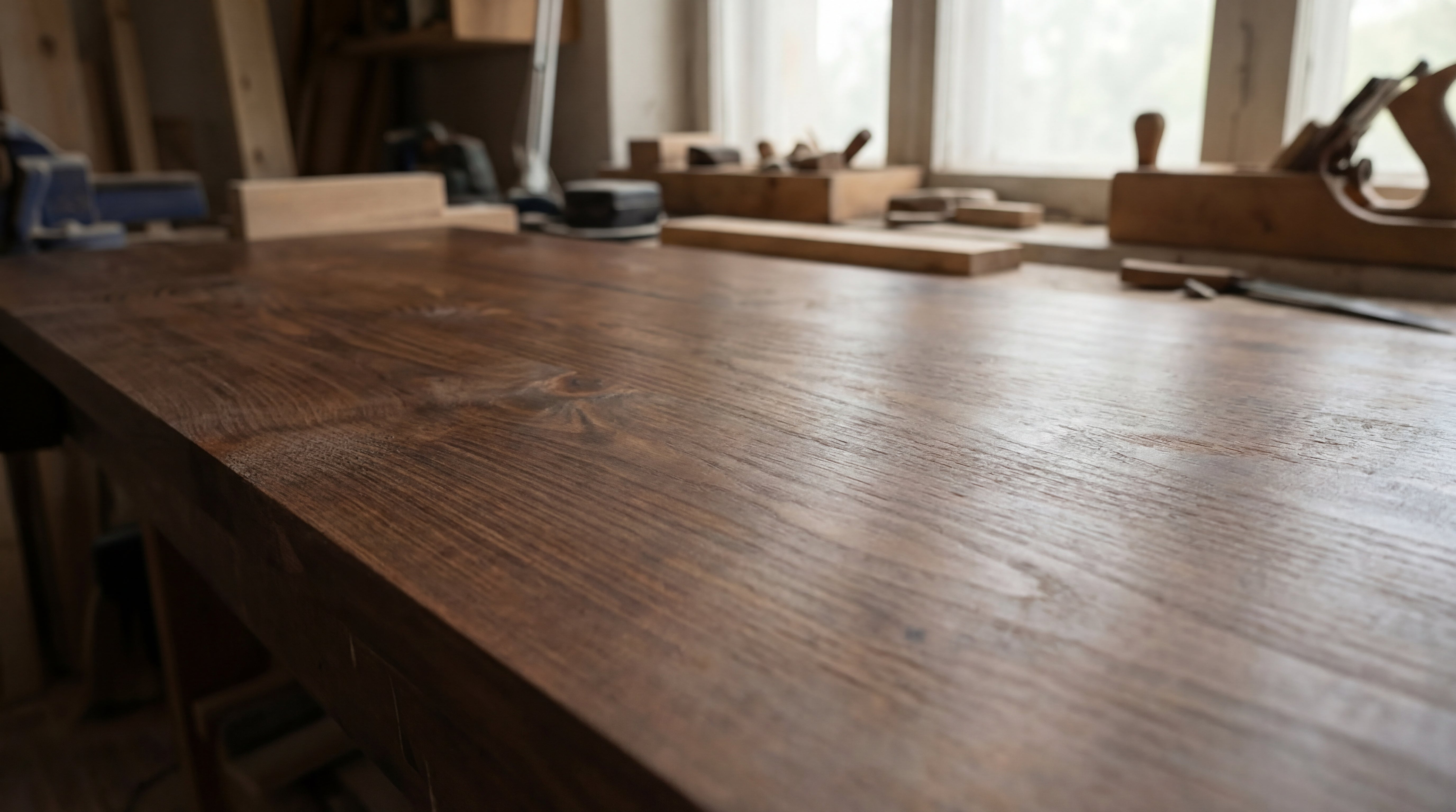Holzplatte nach dem Beizen mit dunklerer Farbwirkung und betonter Maserung