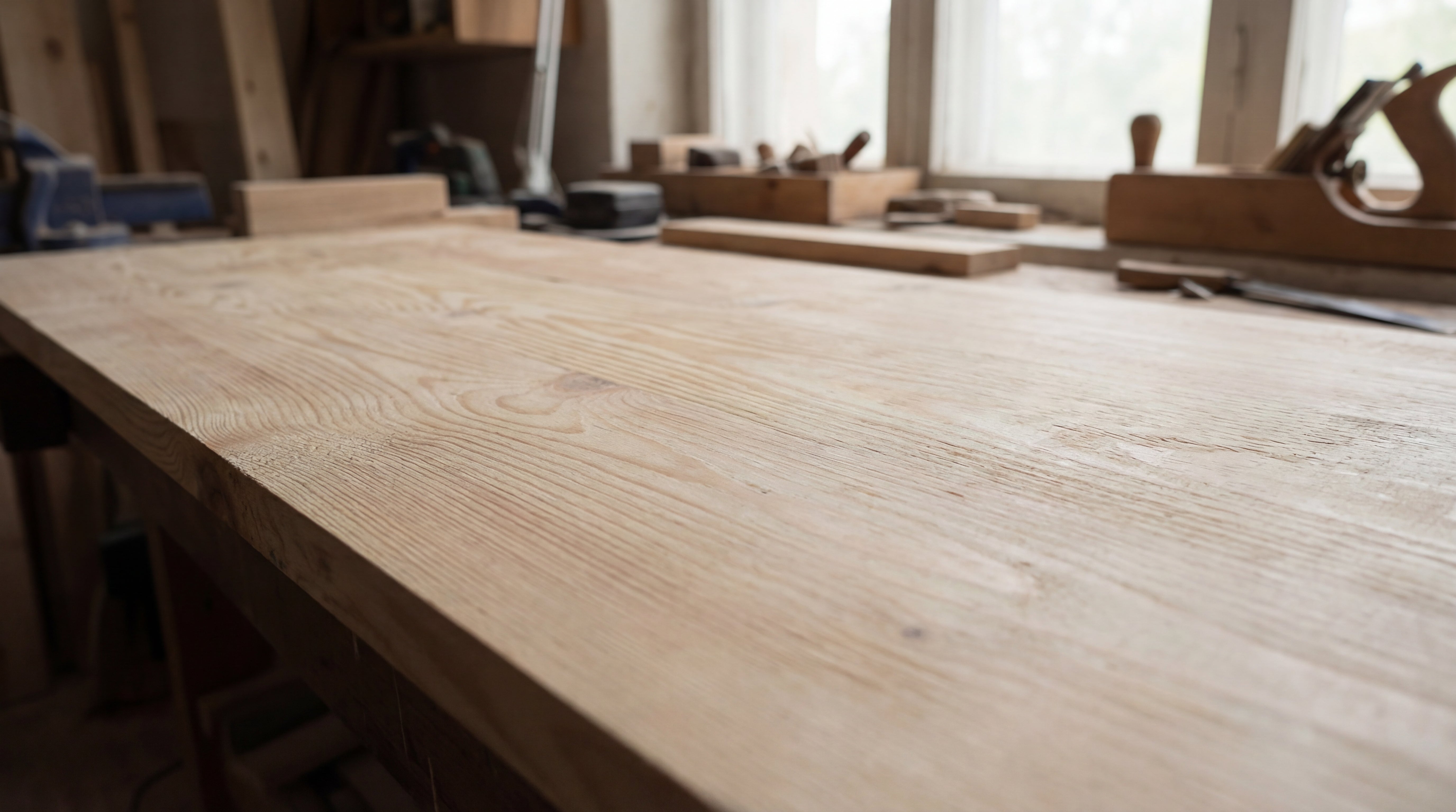 Unbehandelte Holzplatte auf Werkbank vor dem Auftragen von Holzbeize
