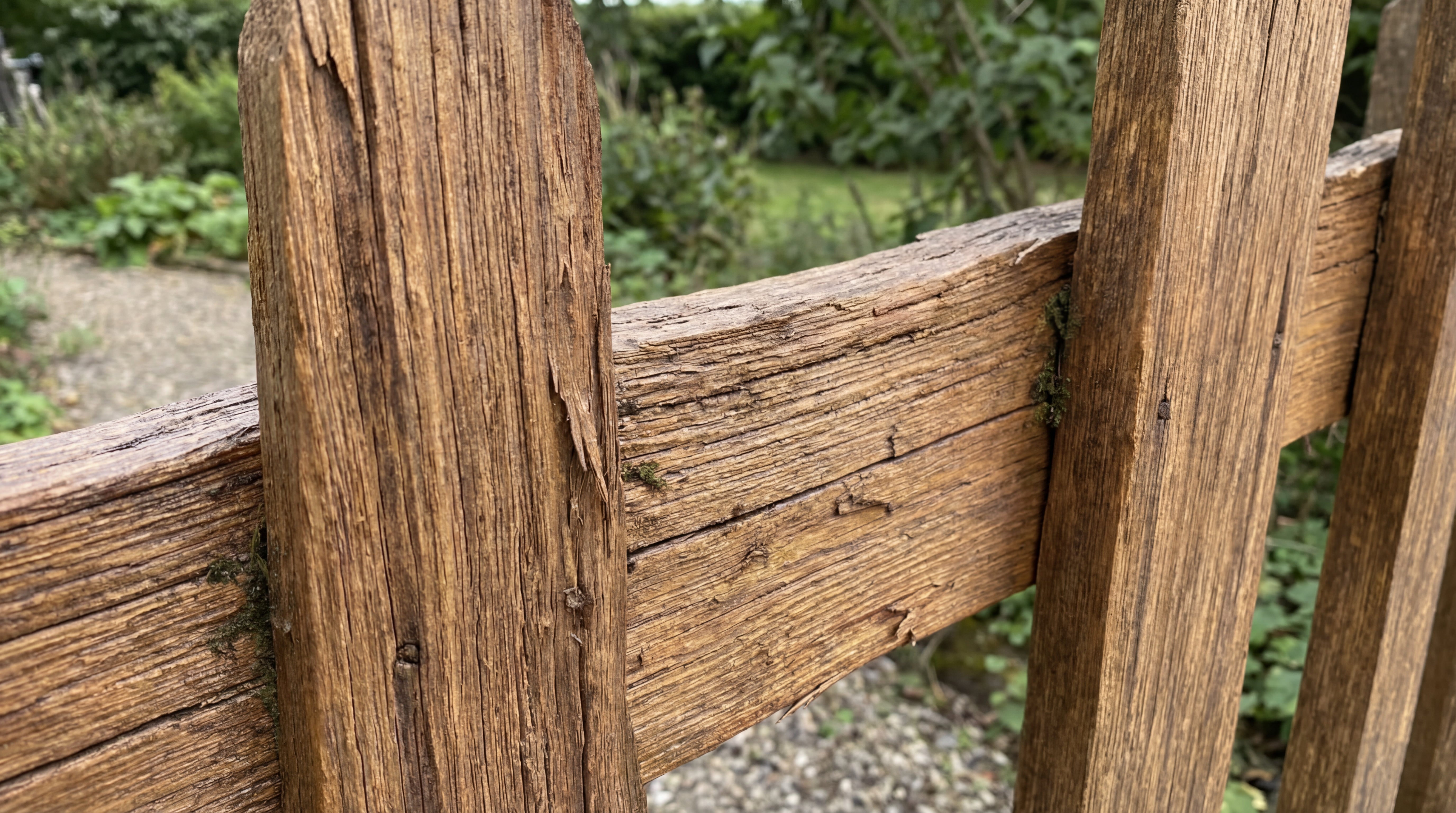 Mit Holzschutz behandelte Zaunlatten mit sichtbar aufgefrischter Holzfarbe und Struktur
