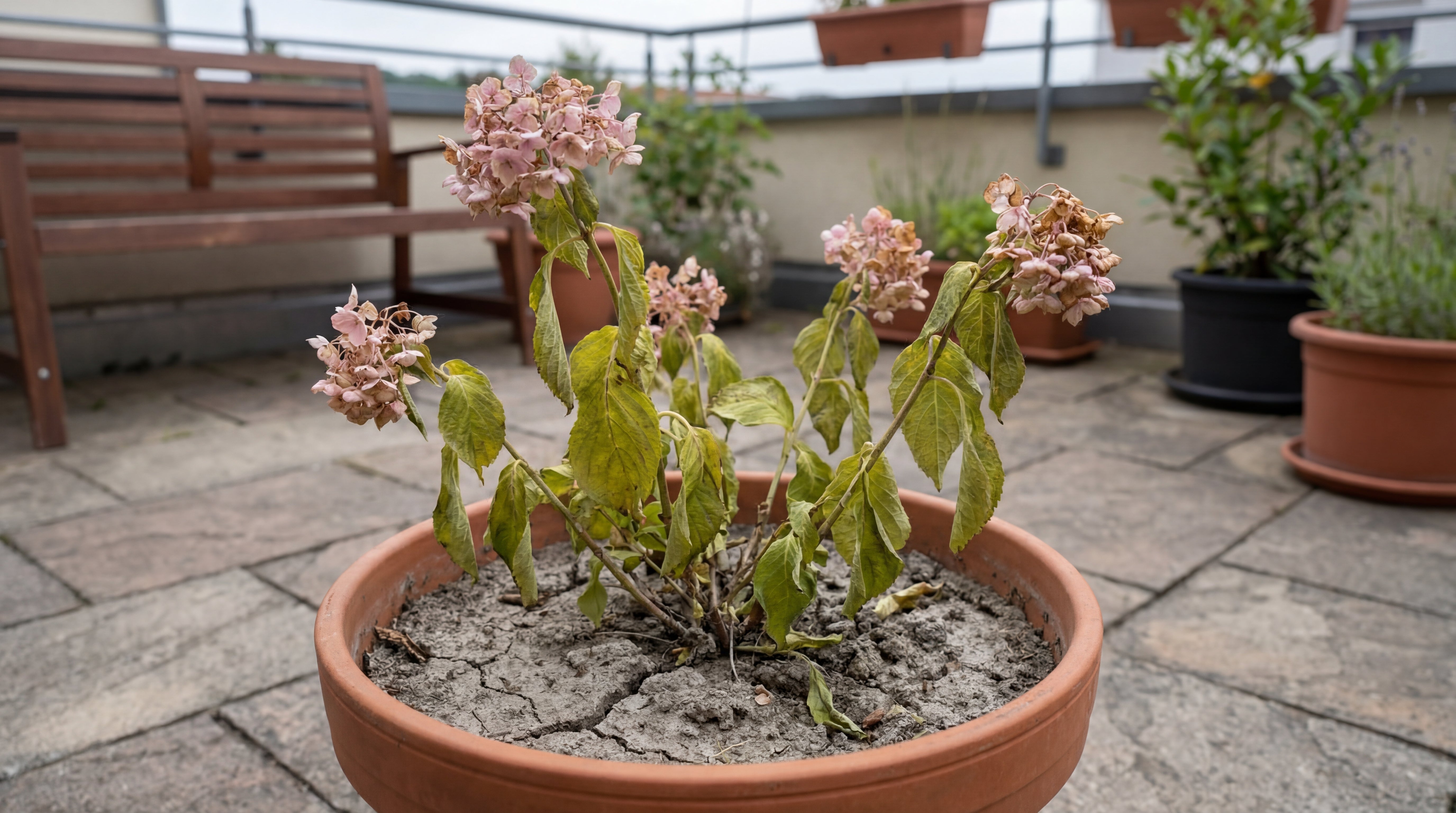 Vertrocknete Hortensie in trockenem Substrat als Beispiel für Nährstoffmangel