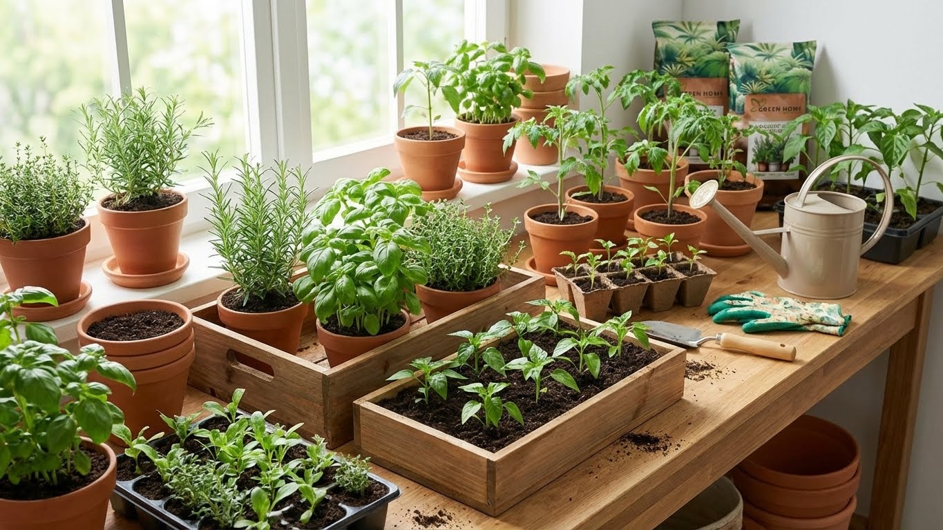 Innenraum mit Kräutern und Jungpflanzen in Töpfen und Anzuchtschalen auf einer Fensterbank