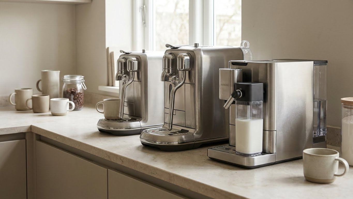 Mehrere Kaffeevollautomaten mit Milchsystem stehen auf einer hellen Kuechenarbeitsplatte neben Tassen und Kaffeebohnen.