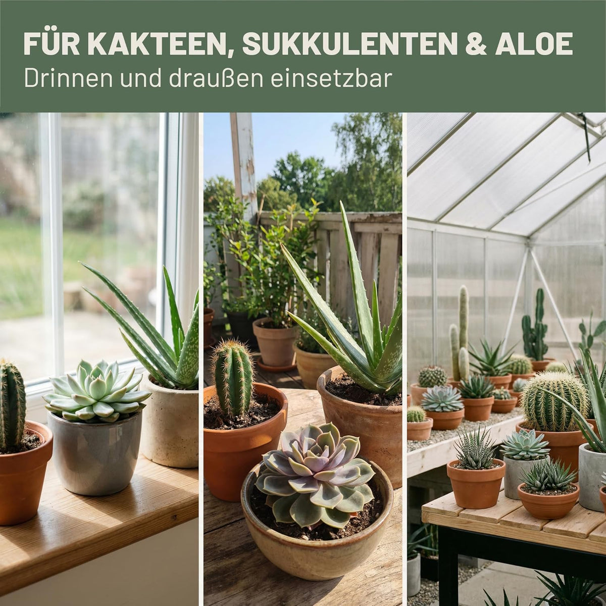 Verschiedene Kakteen und Sukkulenten in Töpfen auf Fensterbank, Balkon und im Gewächshaus