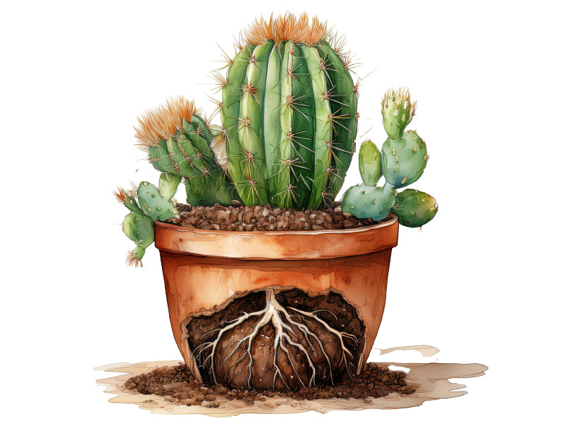 Illustration eines Kaktus im Tontopf mit freigelegtem Wurzelballen zur Darstellung gesunder Wurzelentwicklung