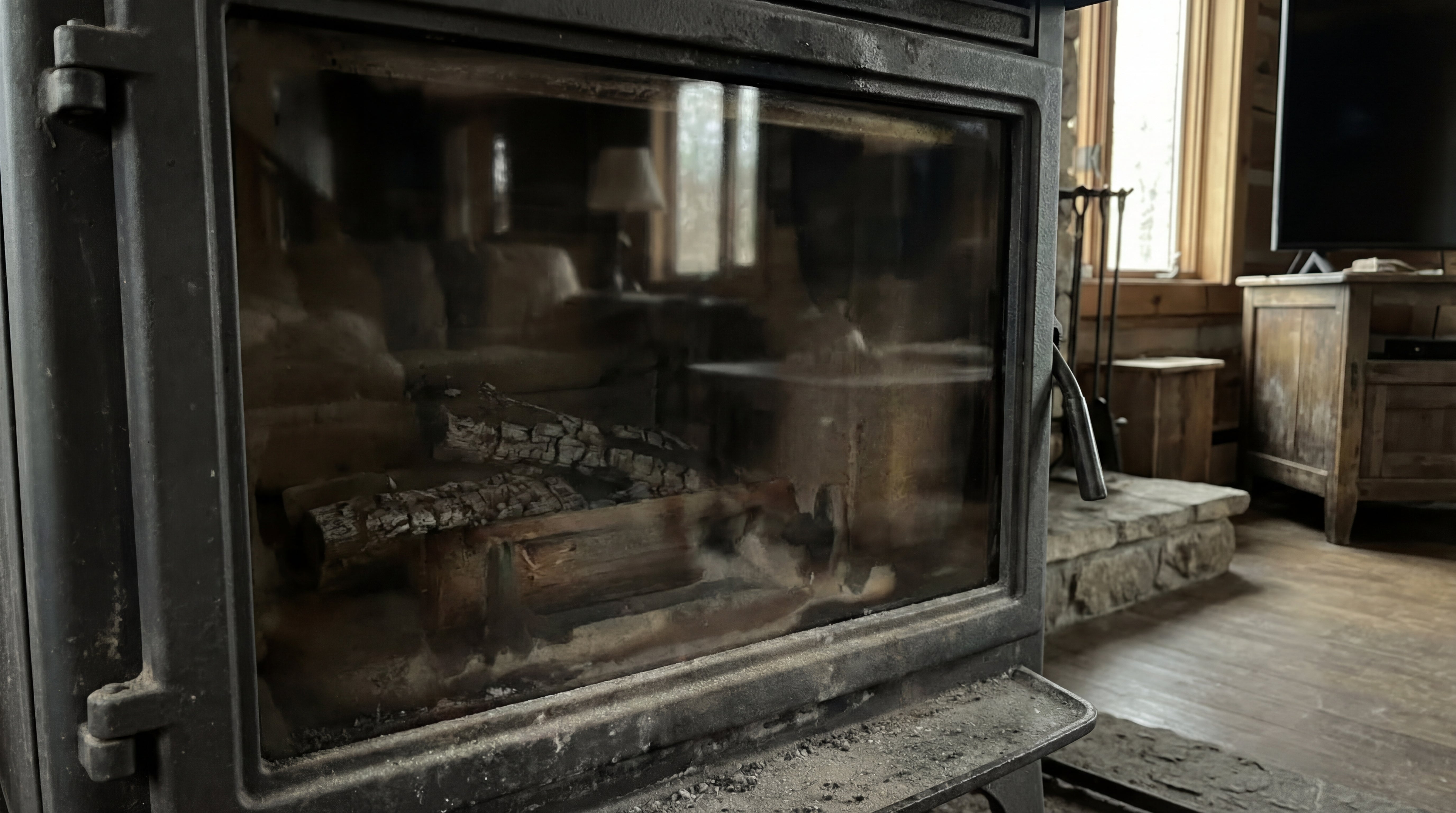 Gereinigte Kaminscheibe mit klarer Sicht auf Holzscheite nach Anwendung des Eco Clean Kaminglasreinigers