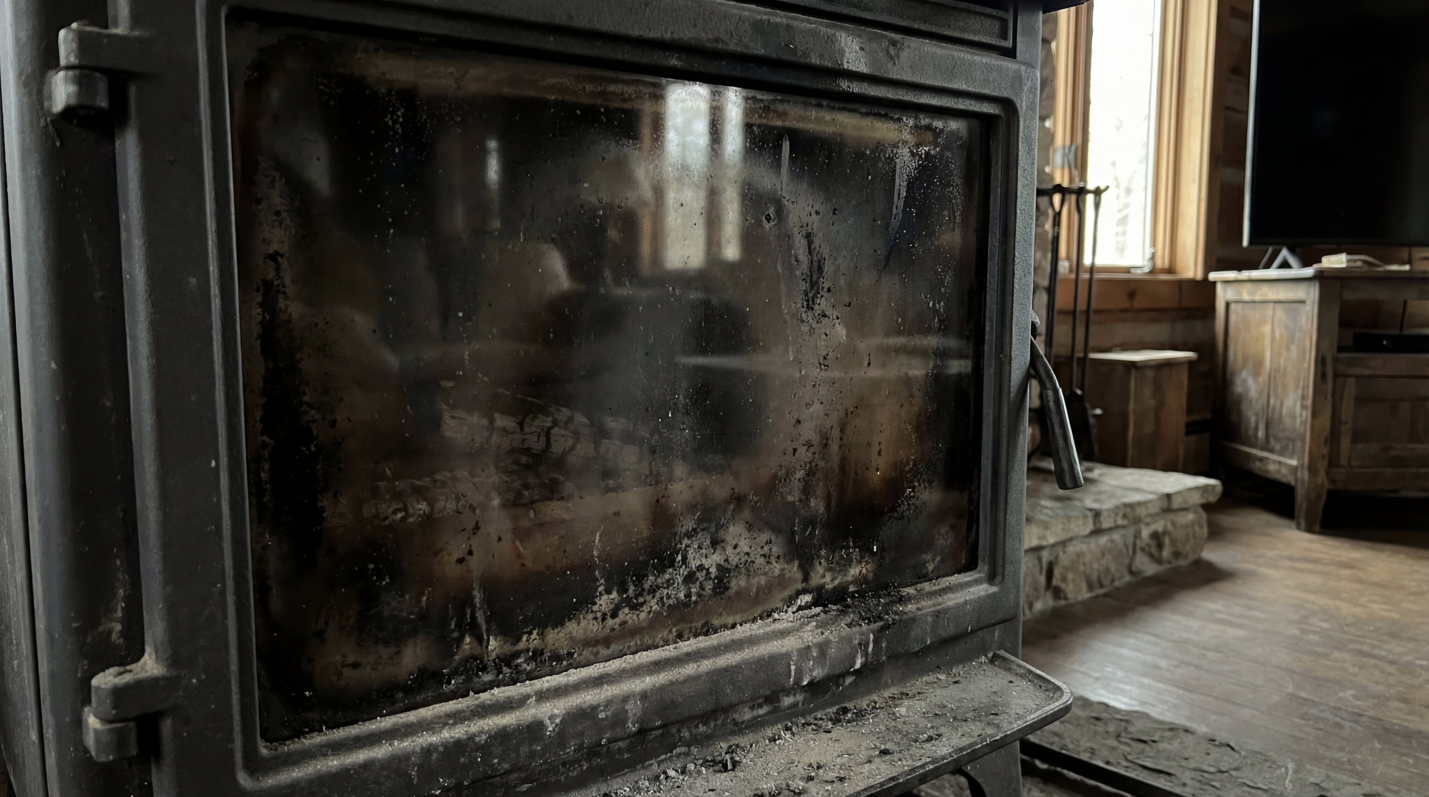 Stark verschmutzte Kaminscheibe mit Ruß- und Rauchablagerungen vor der Reinigung