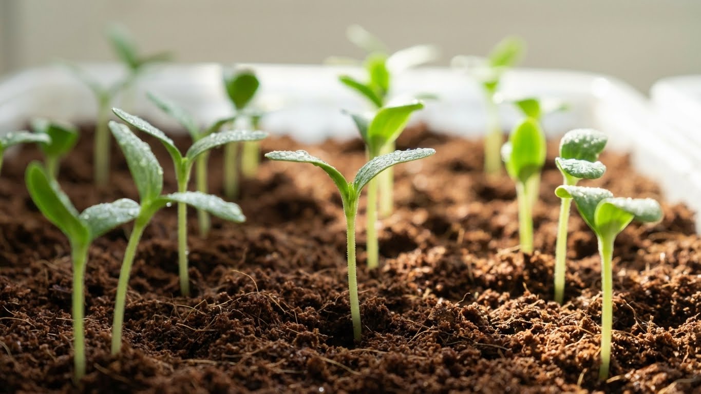 Junge Keimlinge in feiner Anzuchterde kurz nach dem Austreiben in einer Pflanzschale