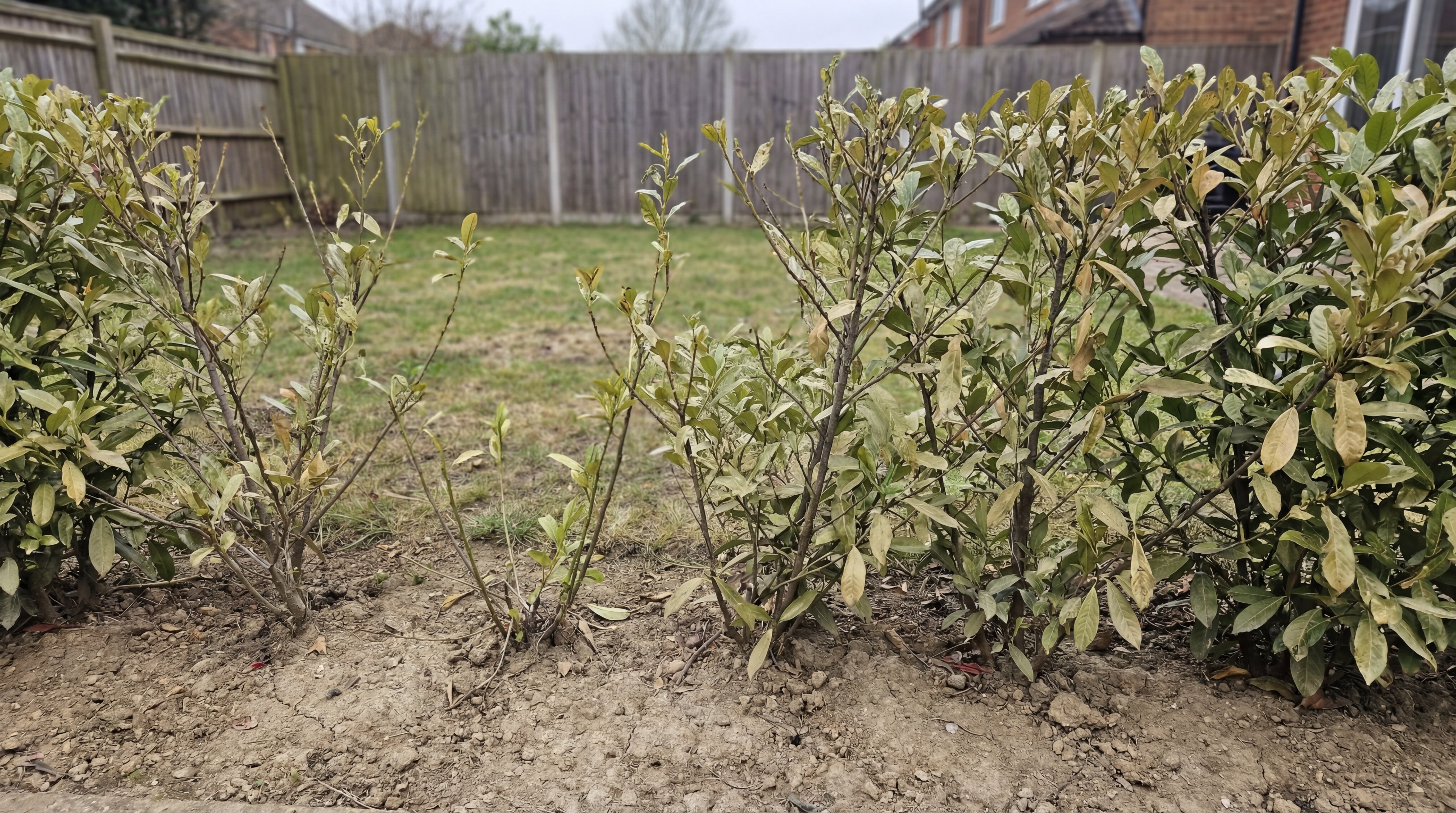 Kirschlorbeerhecke mit gelblichen Blättern vor der Pflege, ungleichmäßiger Wuchs im Gartenbeet
