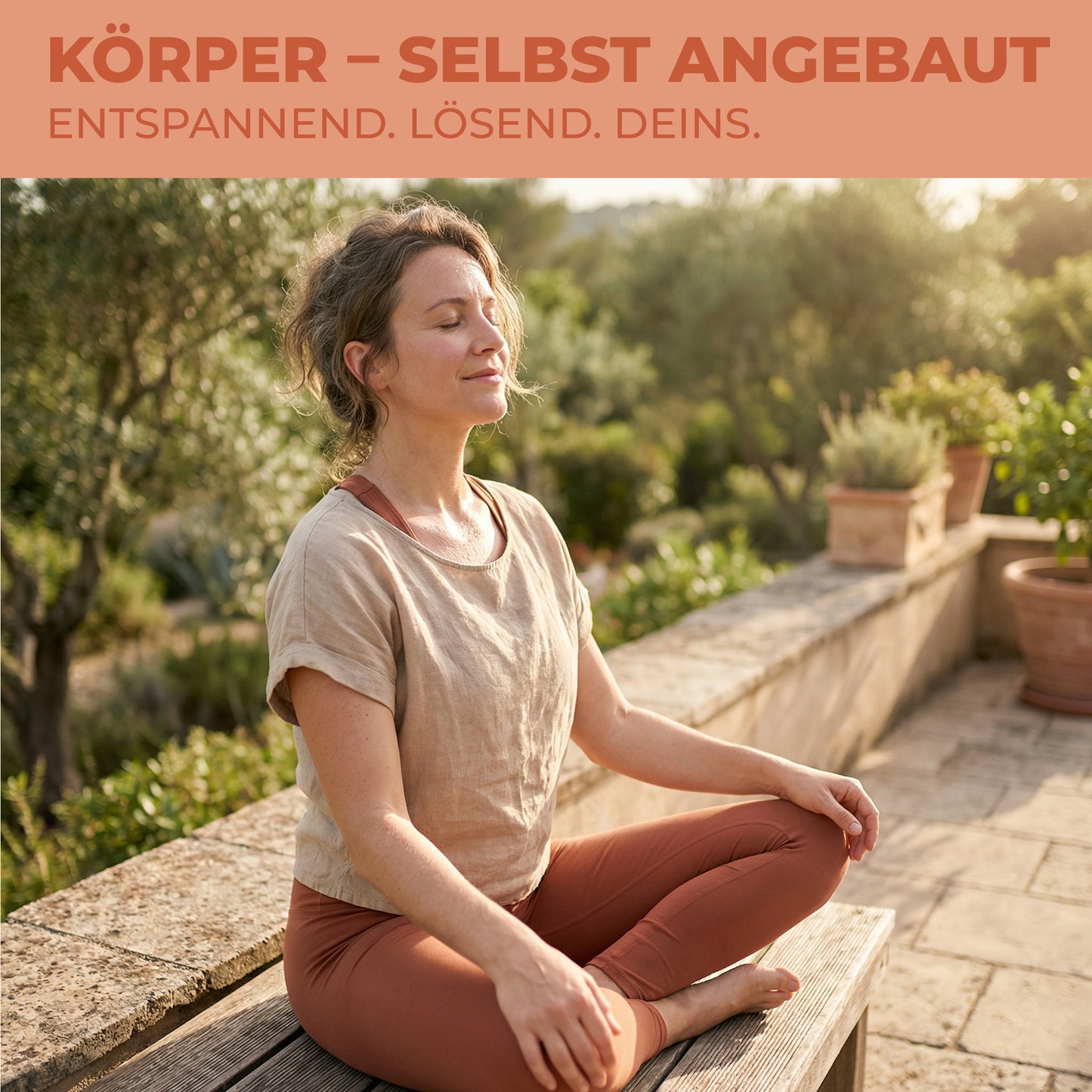 Frau meditiert entspannt im Garten – KÖRPER Cannabis Samen für körperliche Entlastung