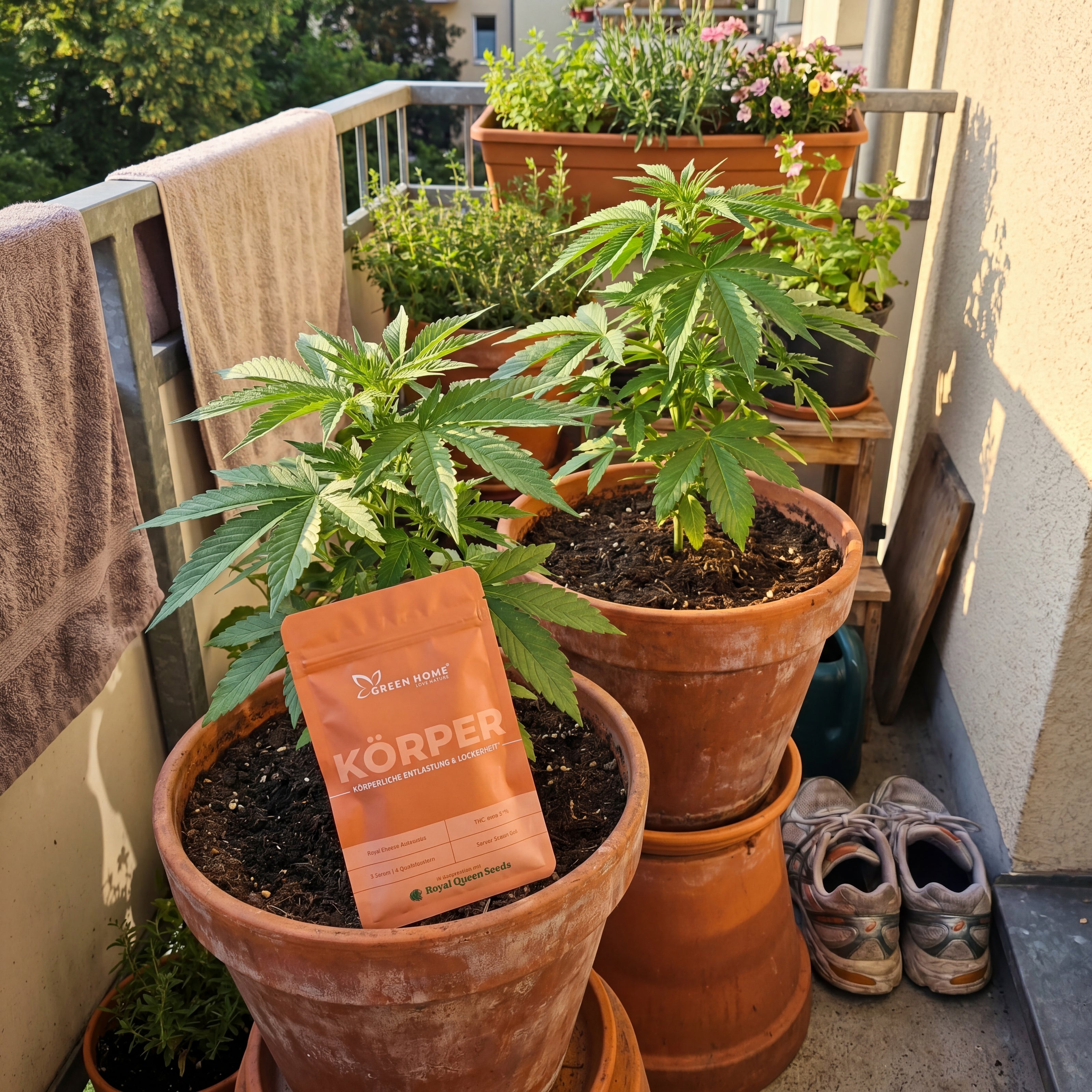 Cannabis-Pflanzen auf Balkon neben Laufschuhen und KÖRPER Verpackung – Kundenfoto