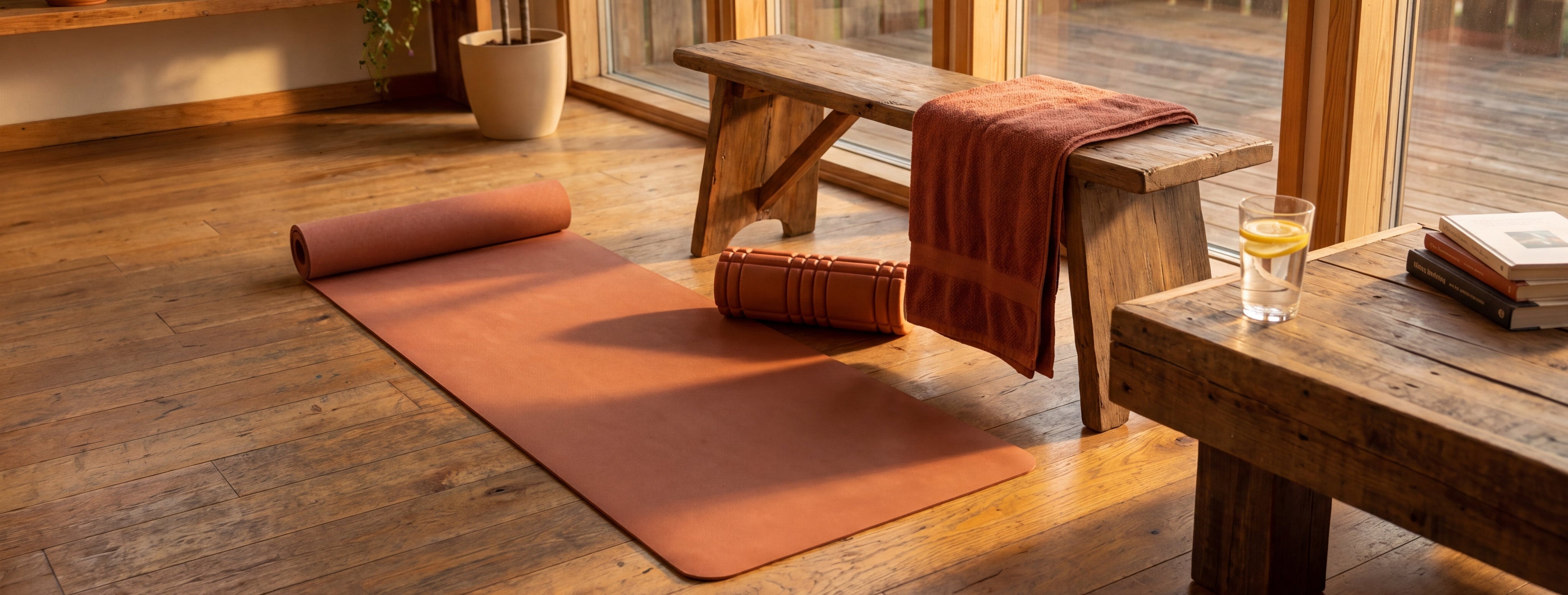 Entspannende Post-Workout-Szene mit Yogamatte und Faszienrolle – KÖRPER Starter Set A+ Banner
