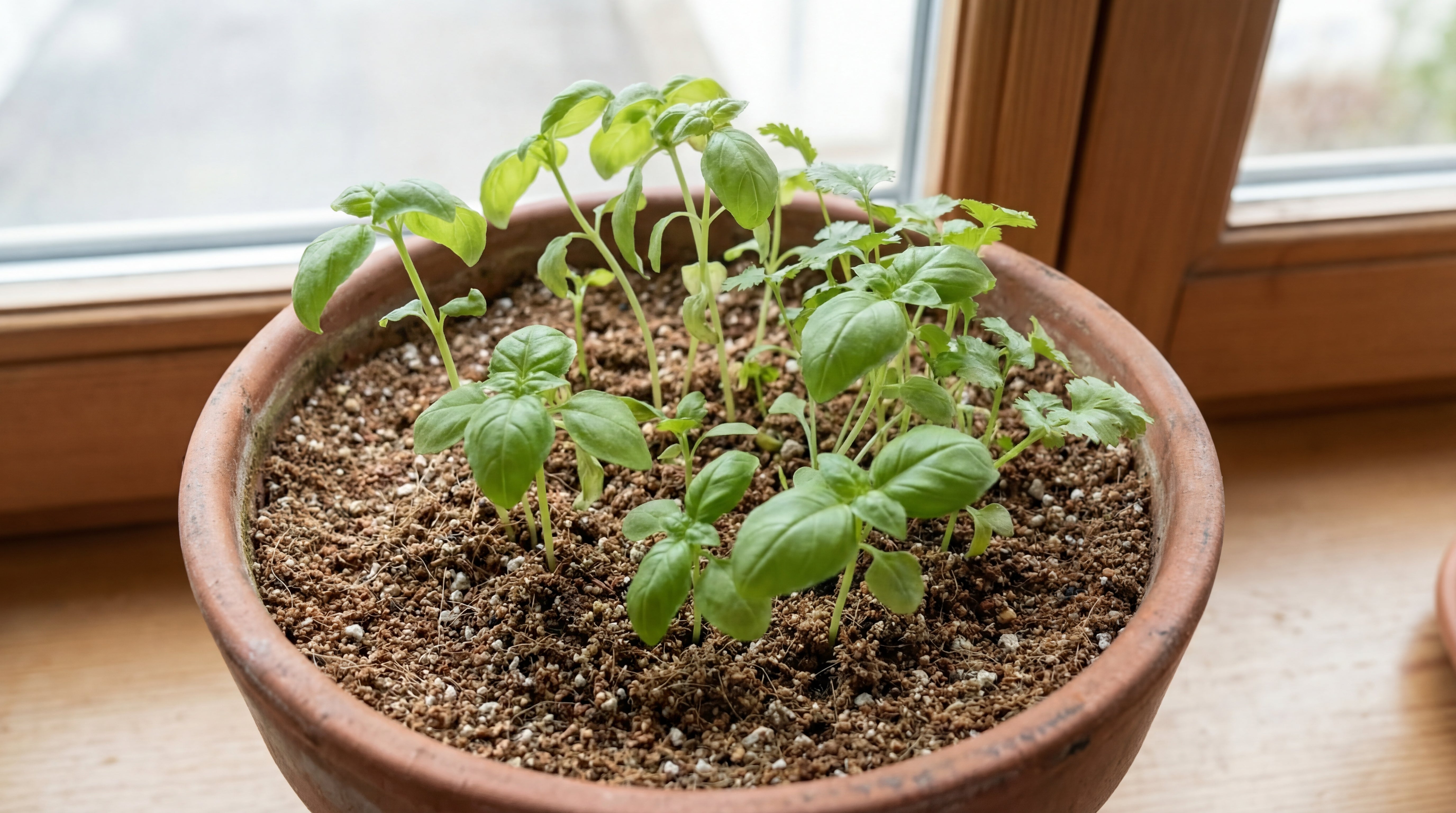 Gesunde Jungpflanzen mit kräftigem Wuchs in lockerer Anzuchterde in einem Topf