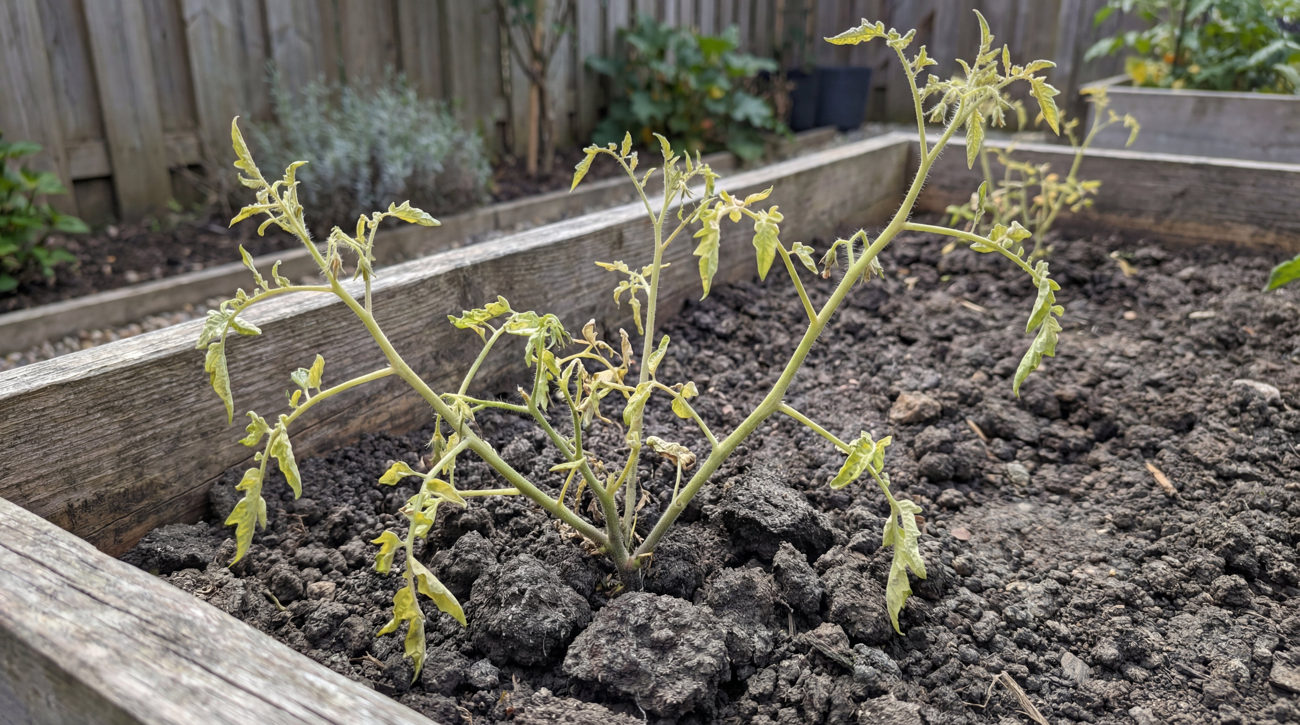 Geschwächte Tomatenpflanze im Hochbeet mit gelblichen Blättern als Beispiel für Nährstoffmangel.