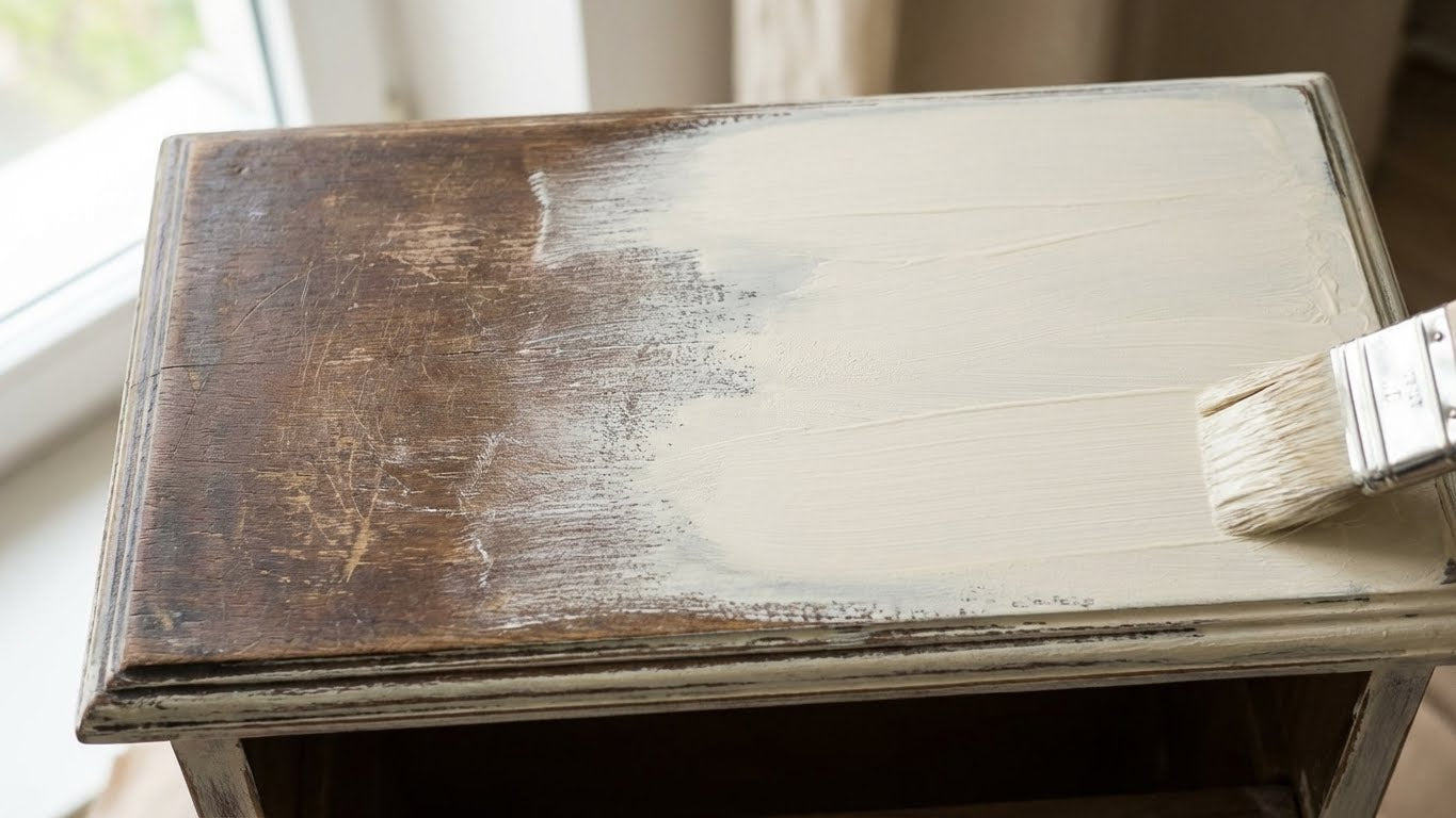 Kreidefarbe wird auf Holzoberfläche mit Pinsel aufgetragen