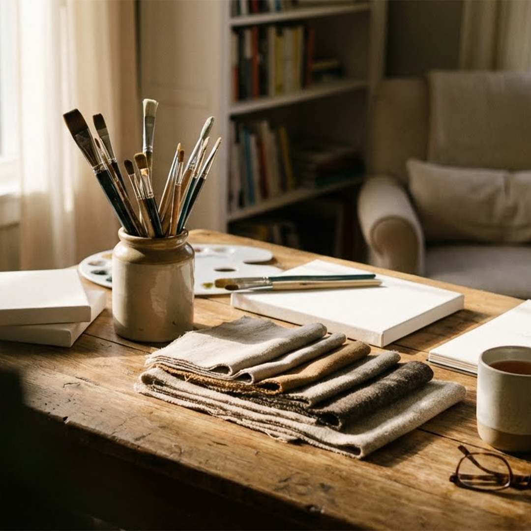 Holztisch mit Pinseln im Glas, leeren Leinwänden, Farbpalette und gefalteten Stoffmustern in einem hellen Atelier mit Bücherregal im Hintergrund.