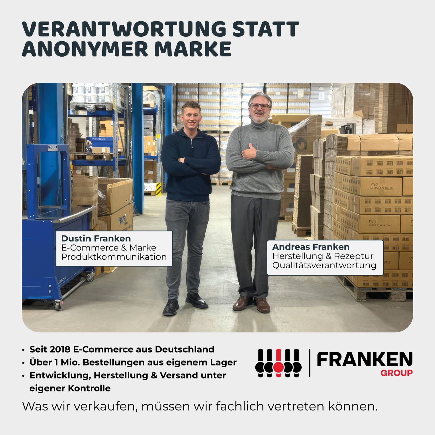 Zwei Mitarbeiter stehen in einer Lagerhalle zwischen Paletten und Kartons eines Versandlagers