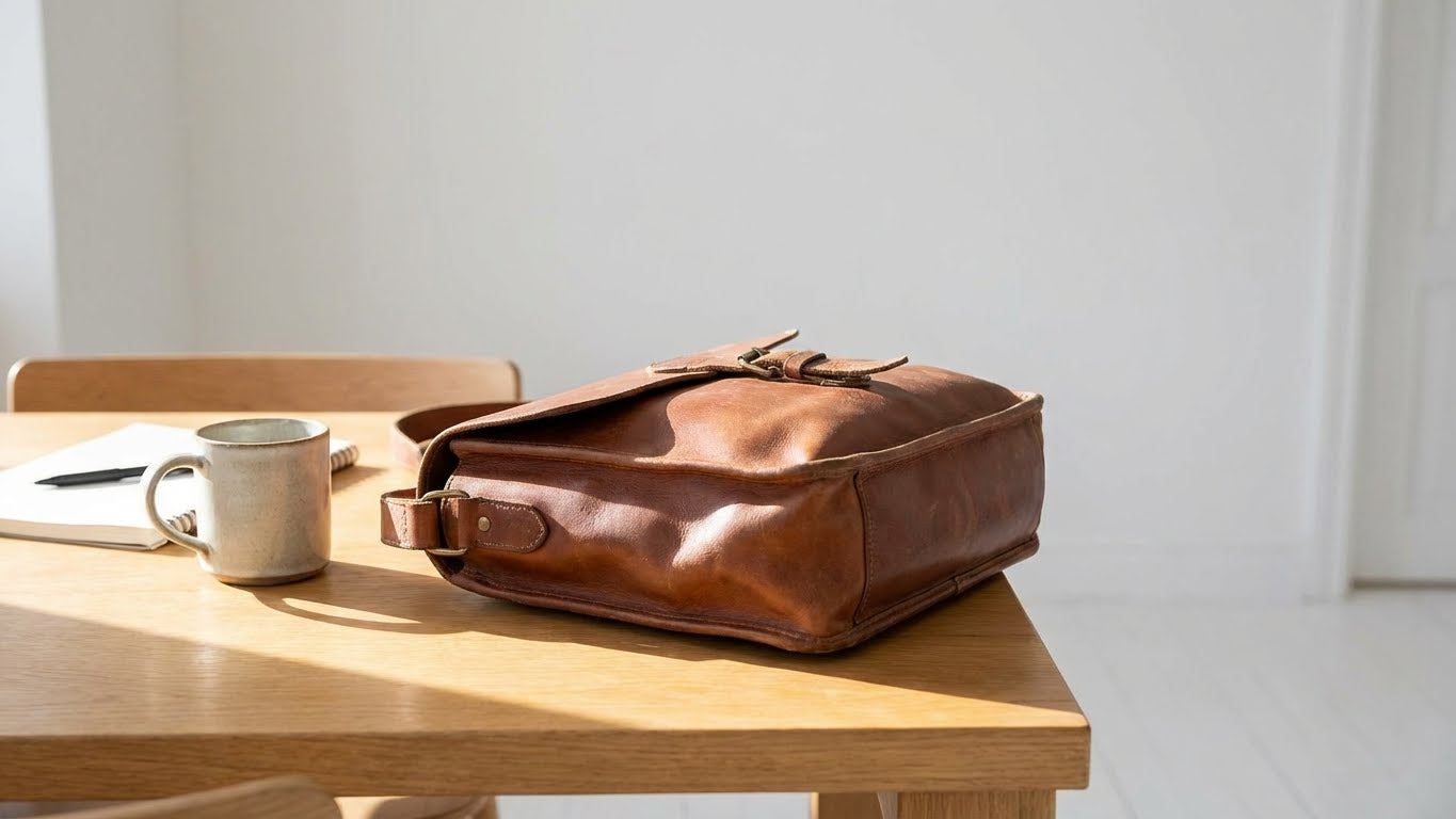 Braune Ledertasche auf einem Holztisch neben einer Kaffeetasse und einem Notizbuch im Tageslicht.