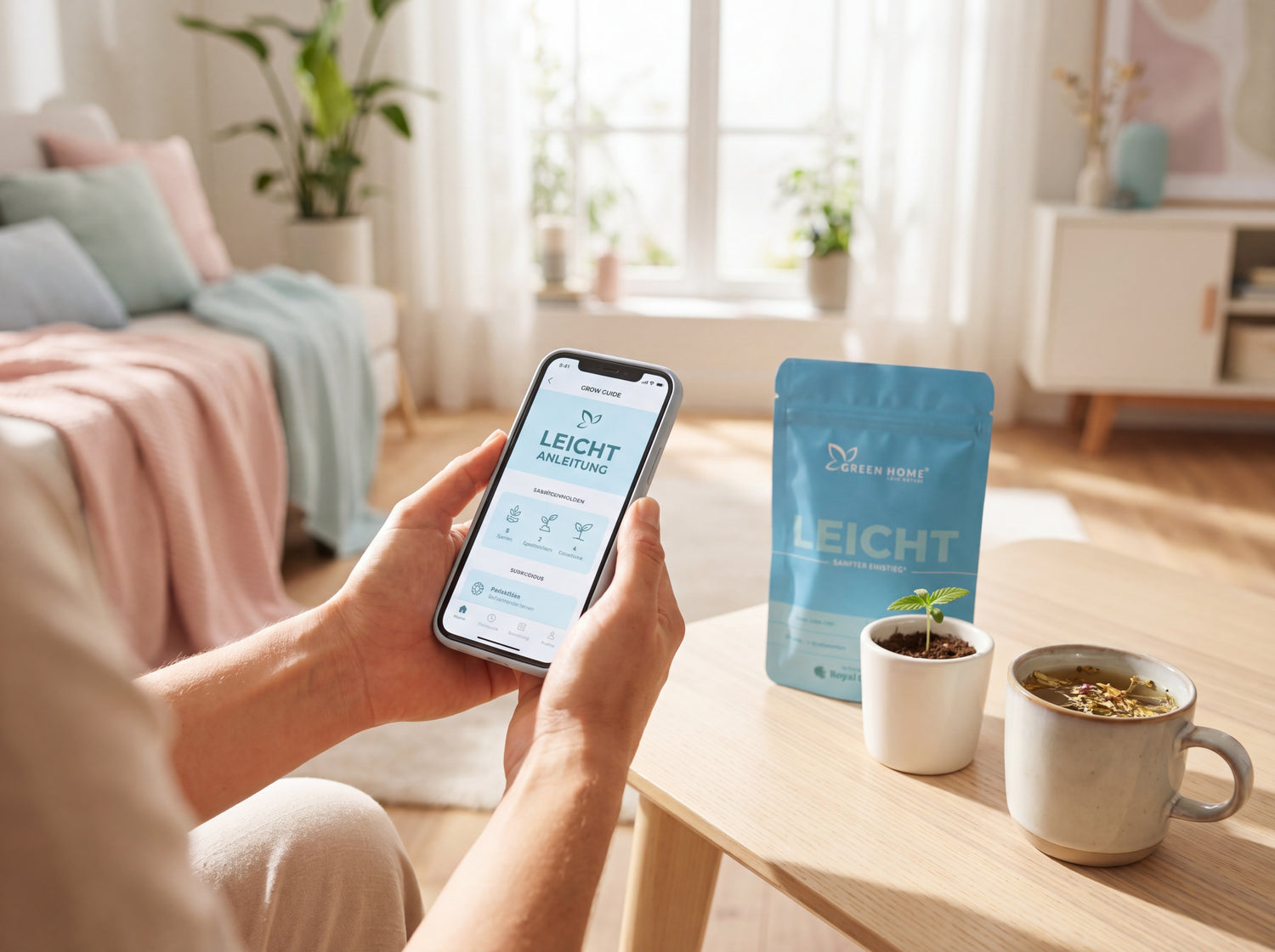 Digitaler Grow-Guide auf Smartphone neben LEICHT Verpackung bei hellem Tageslicht