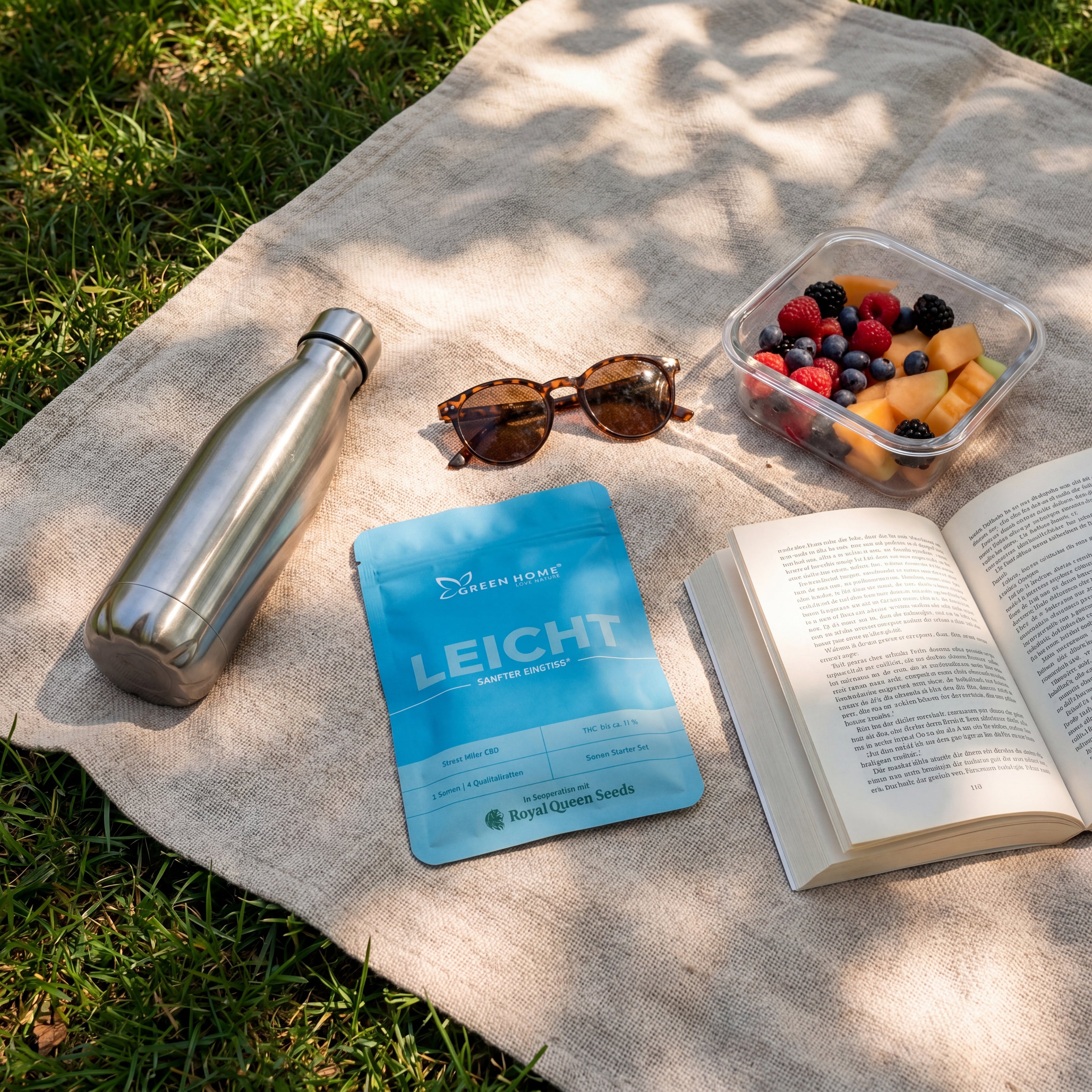 LEICHT Verpackung auf Picknickdecke im Park neben Buch und Obst – Kundenfoto