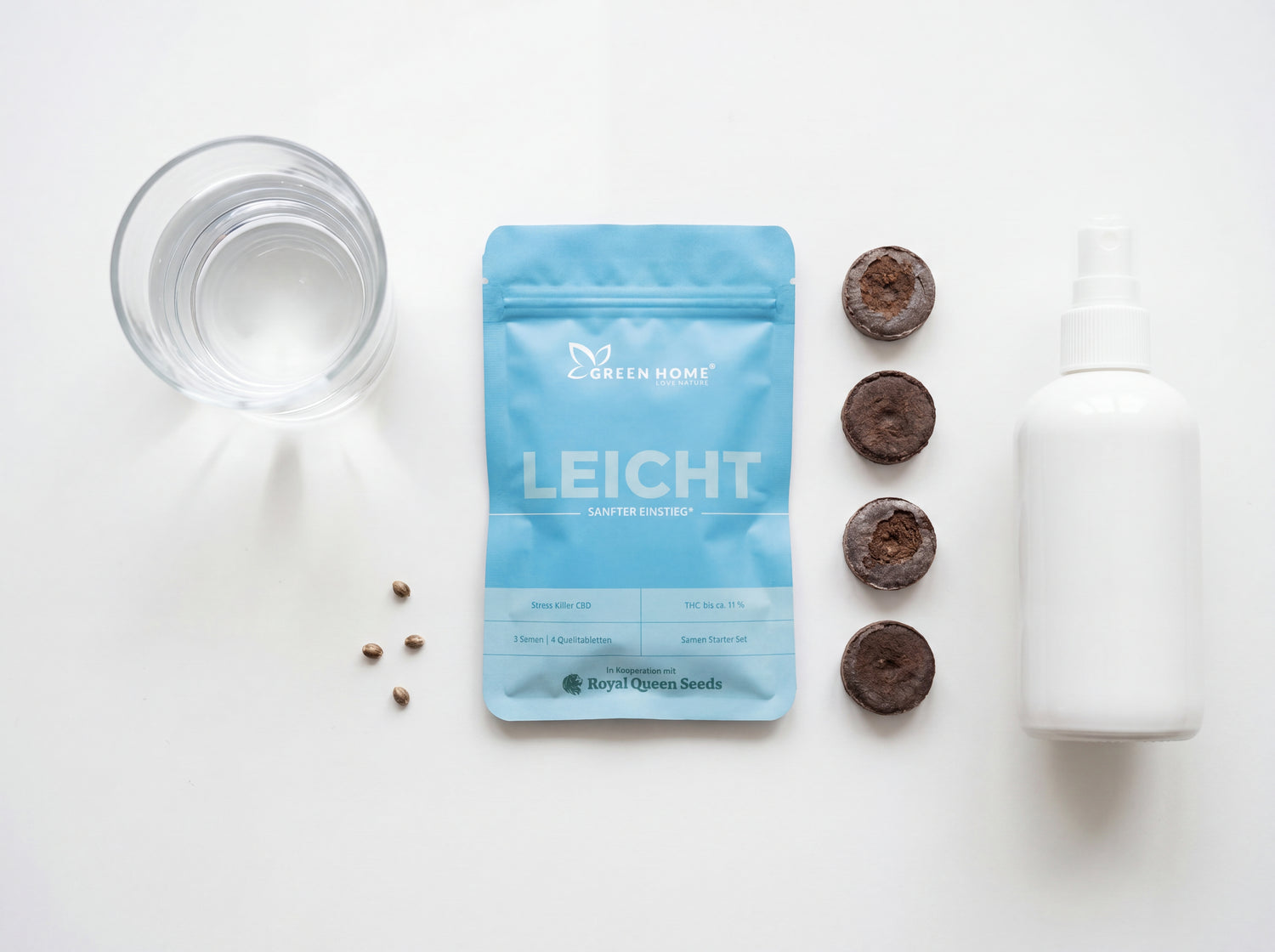 LEICHT Cannabis Starter Set komplett – 3 CBD Samen und 4 Quelltabletten auf Weiß
