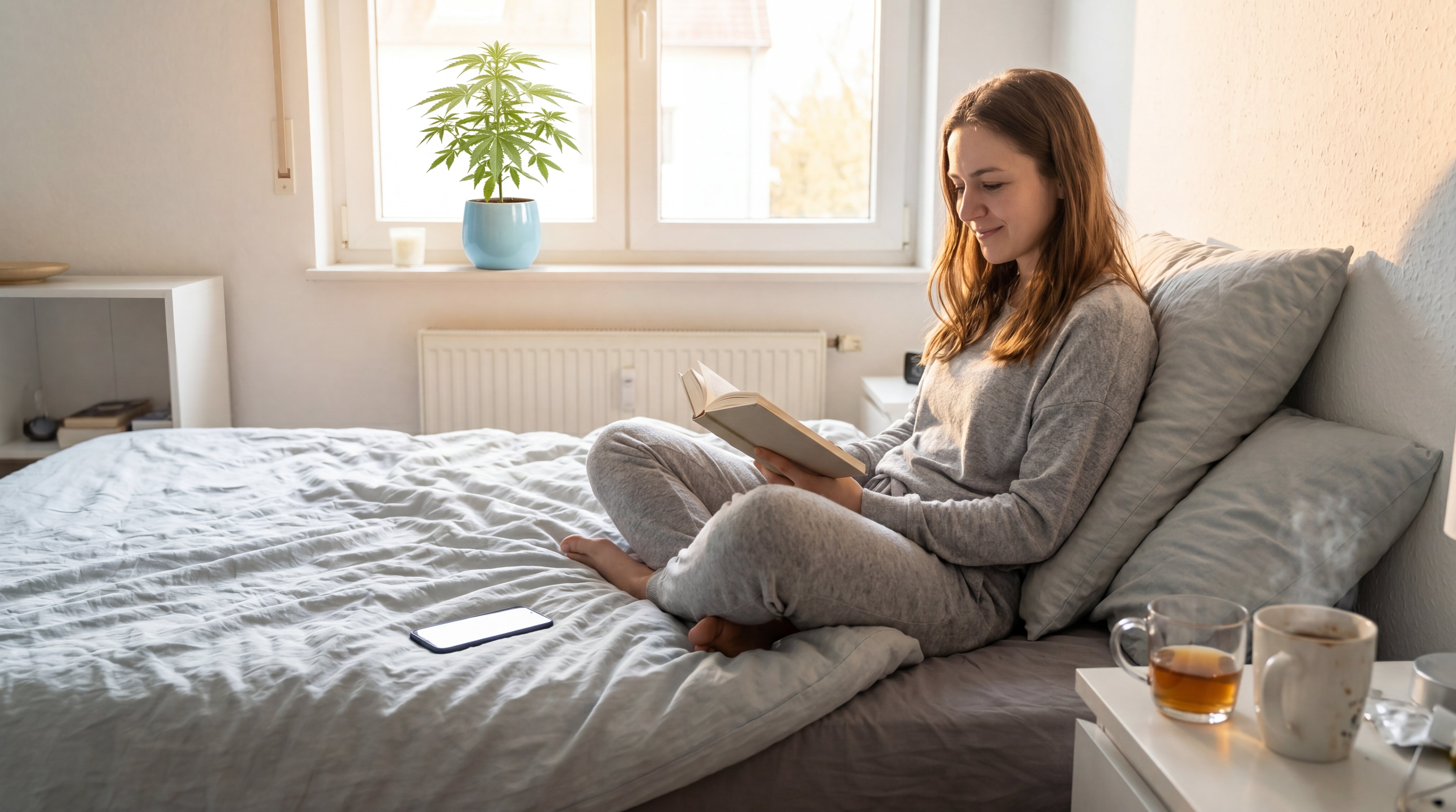 Frau liest entspannt und gelassen auf dem Bett bei Sonnenschein – Nachher-Bild LEICHT