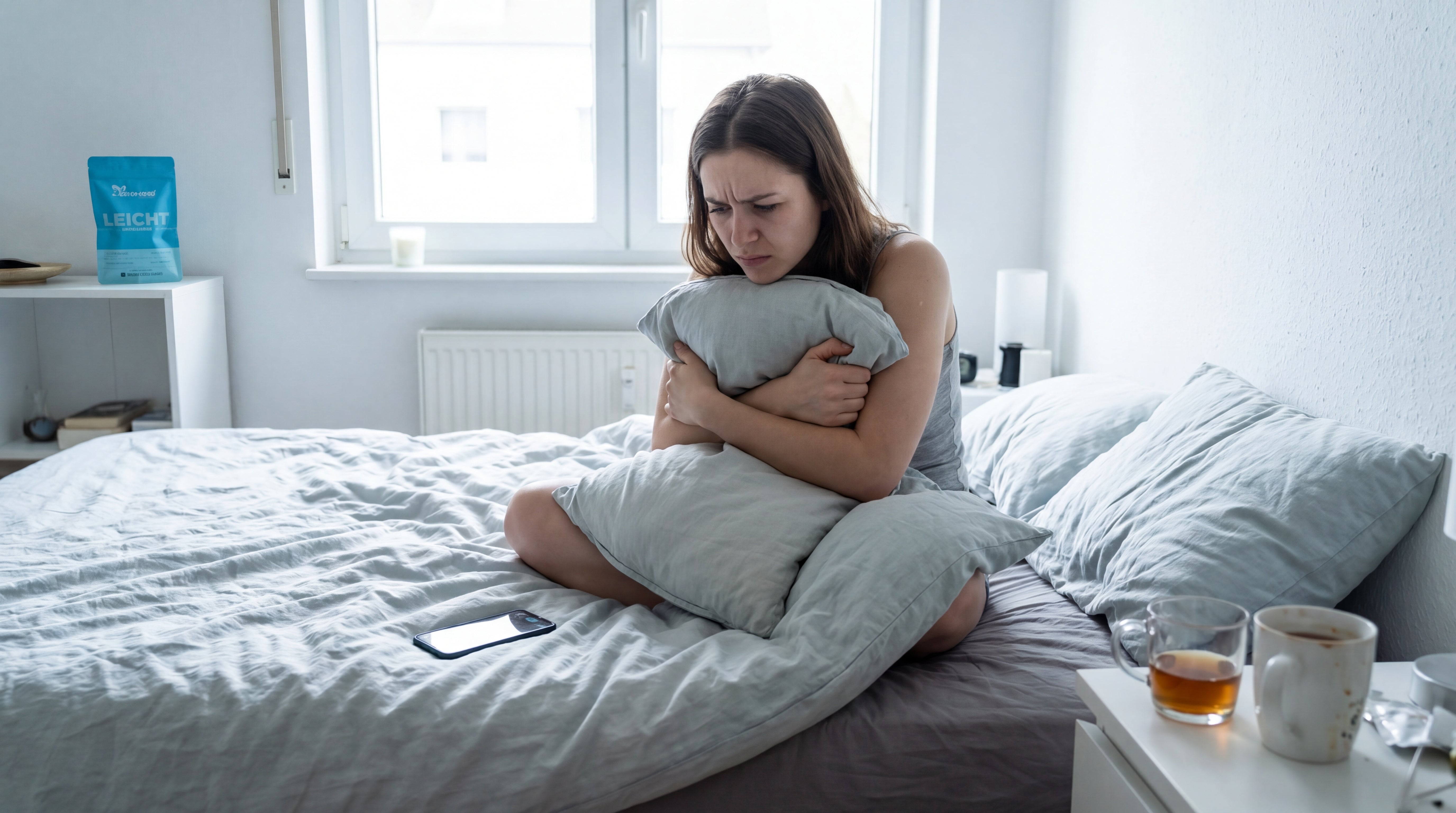 Junge Frau sitzt angespannt und überfordert auf dem Bett bei Tag – Vorher-Bild LEICHT