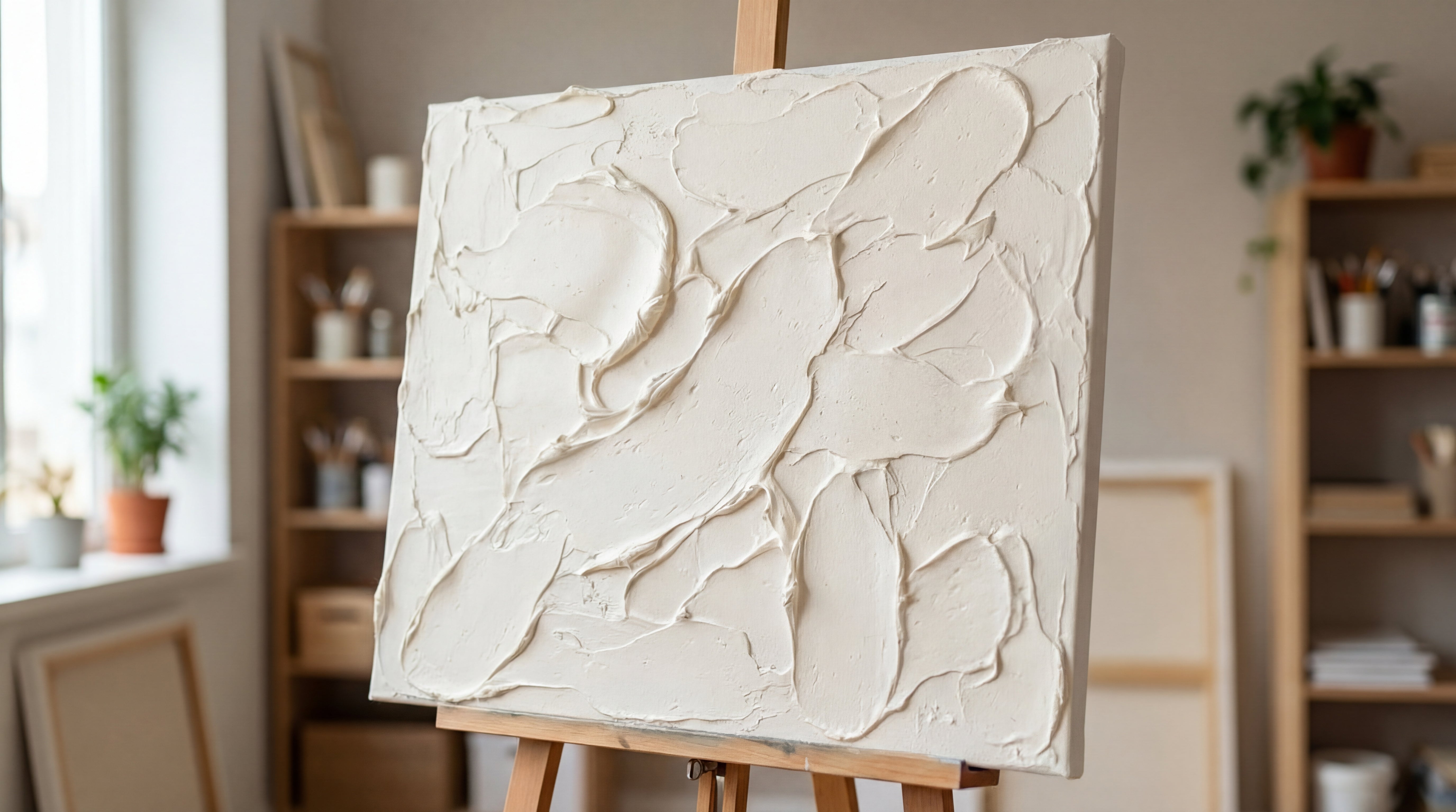 Mit Strukturpaste gestaltete Leinwand mit plastischer, weißer Reliefstruktur auf Staffelei im Atelier.