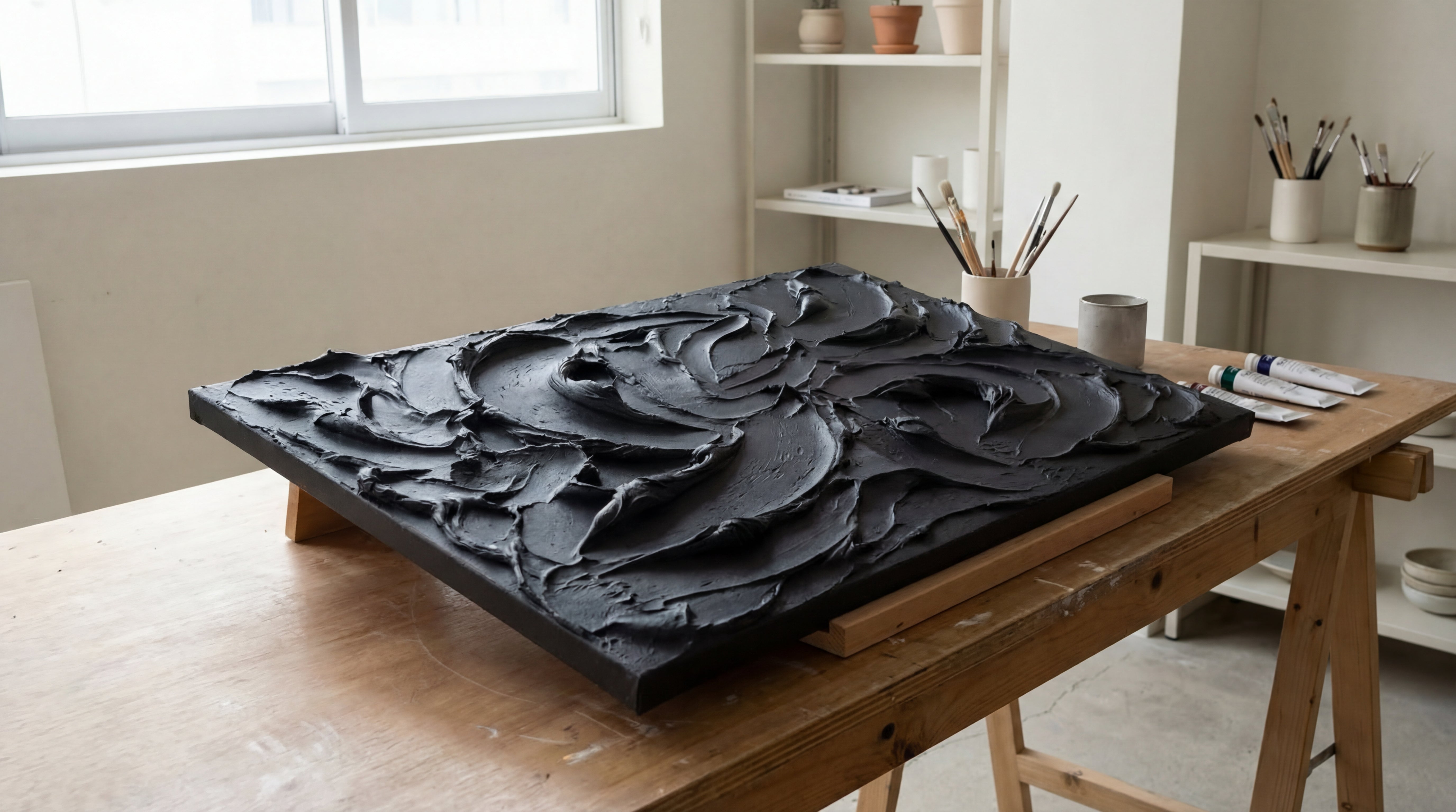 Leinwand mit plastischer schwarzer Strukturpaste nach dem Spachteln