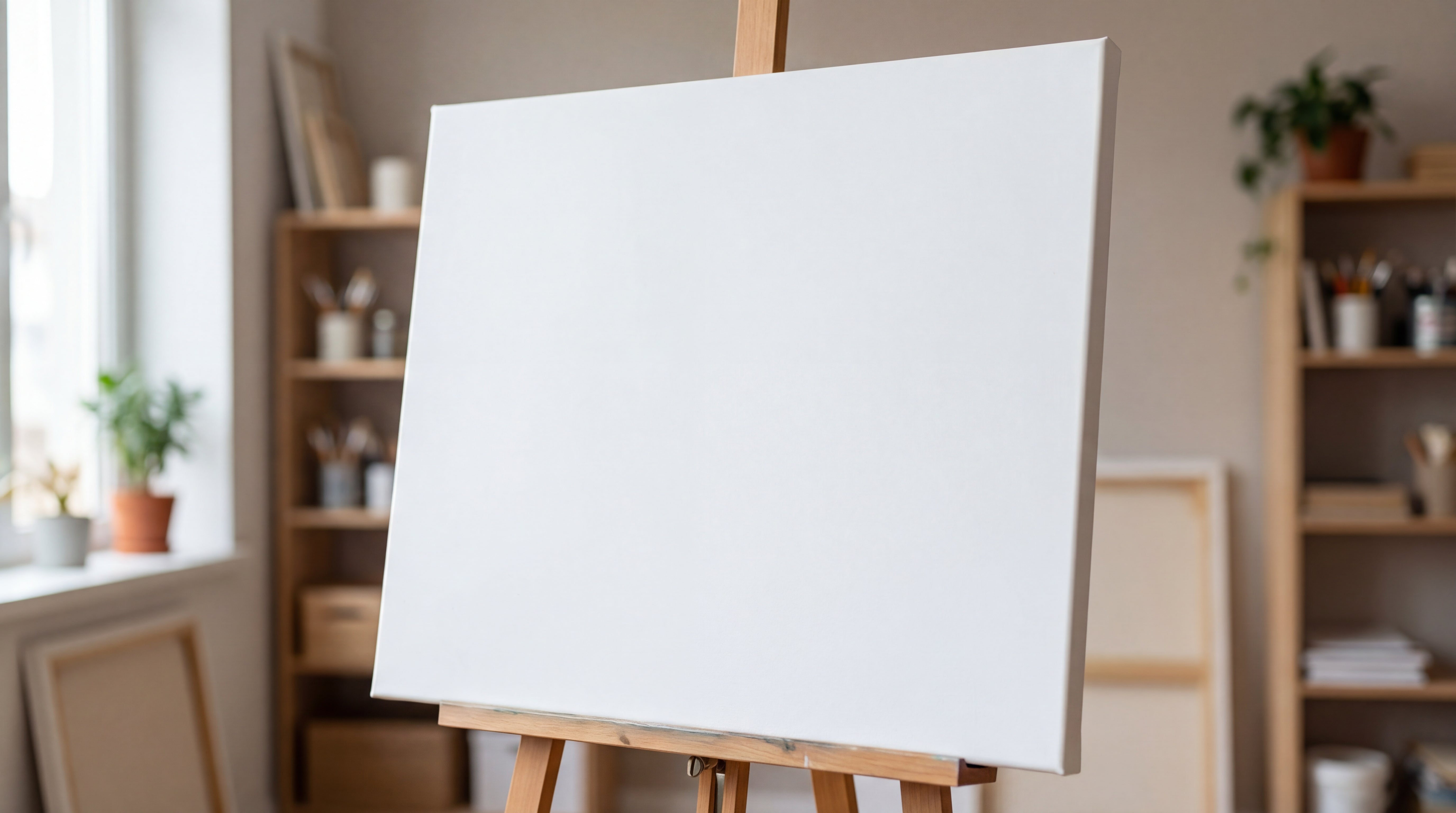 Unbehandelte weiße Leinwand auf Staffelei im Atelier als Ausgangsbasis für kreative Gestaltung.