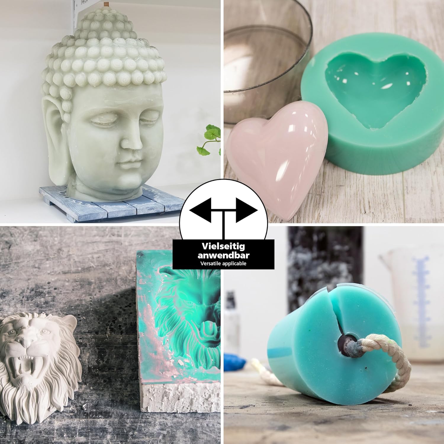 Anwendungsbeispiele mit LM Kreativ Abformsilikon flüssig 1 kg Grün für Buddha-, Herz-, Relief- und Zylinderformen.