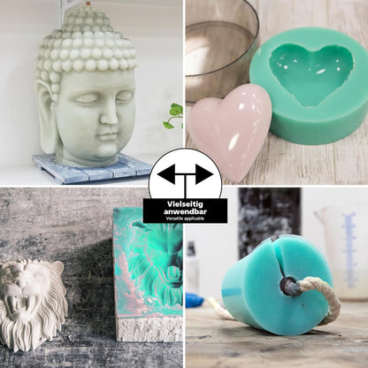 Anwendungsbeispiele mit LM Kreativ Abformsilikon flüssig 1 kg Grün für Buddha-, Herz-, Relief- und Zylinderformen.