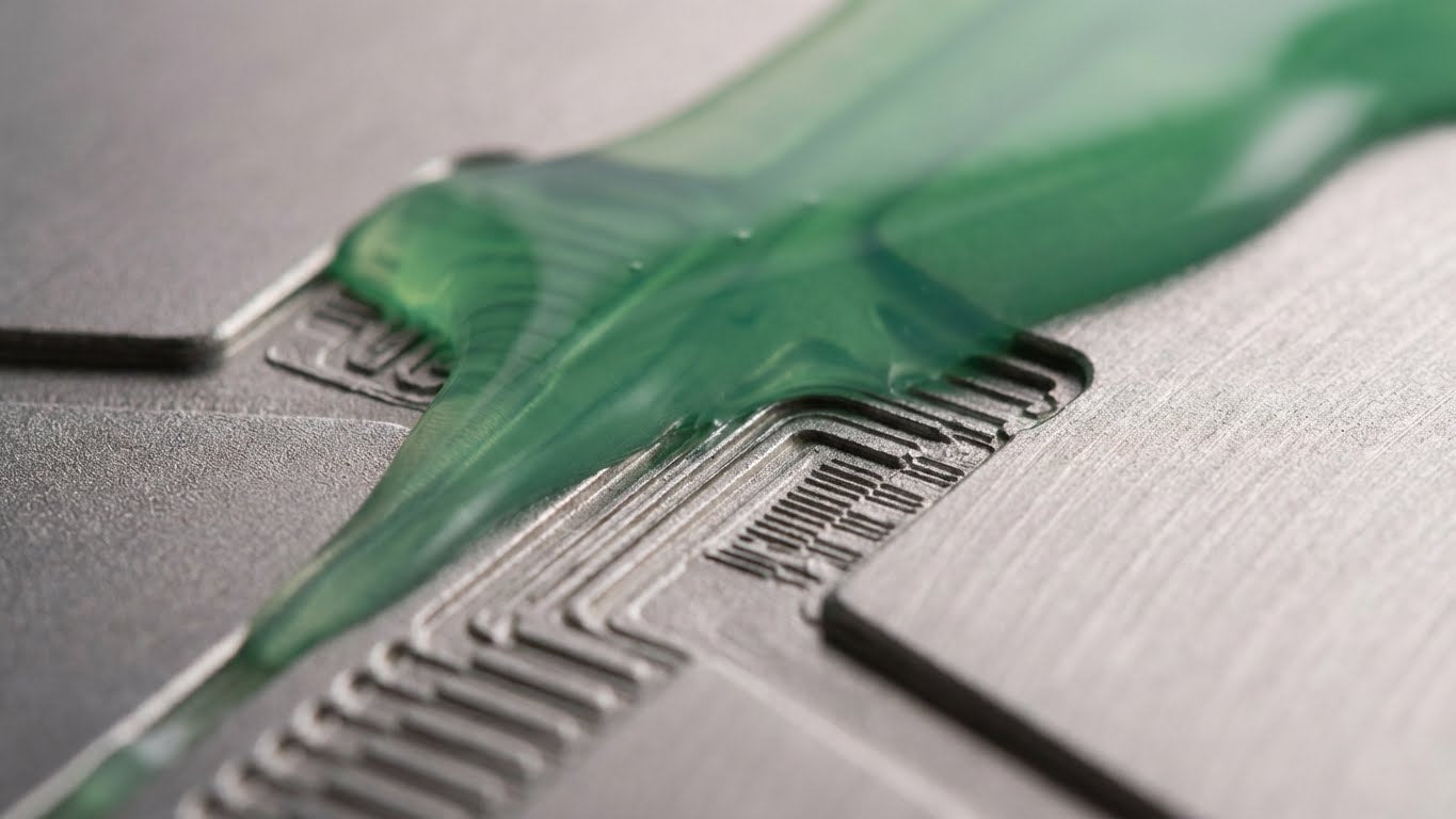 Flüssiges LM Kreativ Abformsilikon flüssig 1 kg Grün beim Abformen feiner Strukturen auf einer Metalloberfläche.