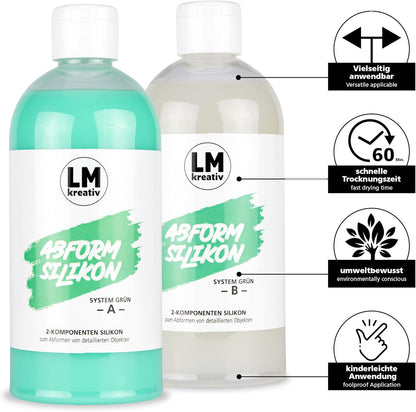 LM Kreativ Abformsilikon flüssig 1 kg Grün System A und B mit Icons zu schneller Trocknungszeit, Umweltbewusstsein und einfacher Anwendung.