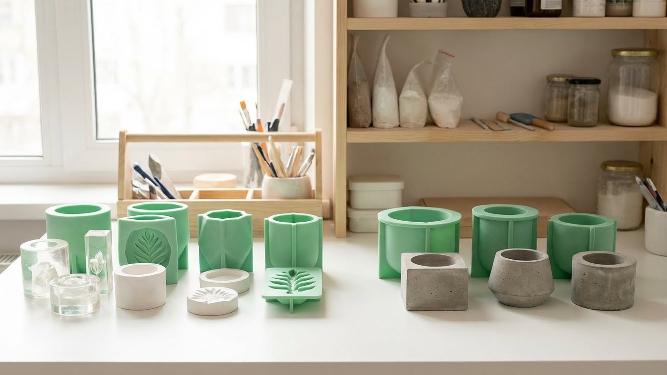 Mit LM Kreativ Abformsilikon flüssig 1 kg Grün hergestellte verschiedene Silikonformen und gegossene Betonobjekte auf einem Arbeitstisch.