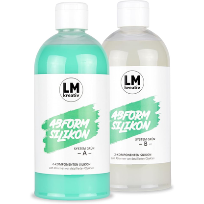 Zwei Flaschen LM Kreativ Abformsilikon flüssig 1 kg Grün System A und B für detailgetreue Abformungen.