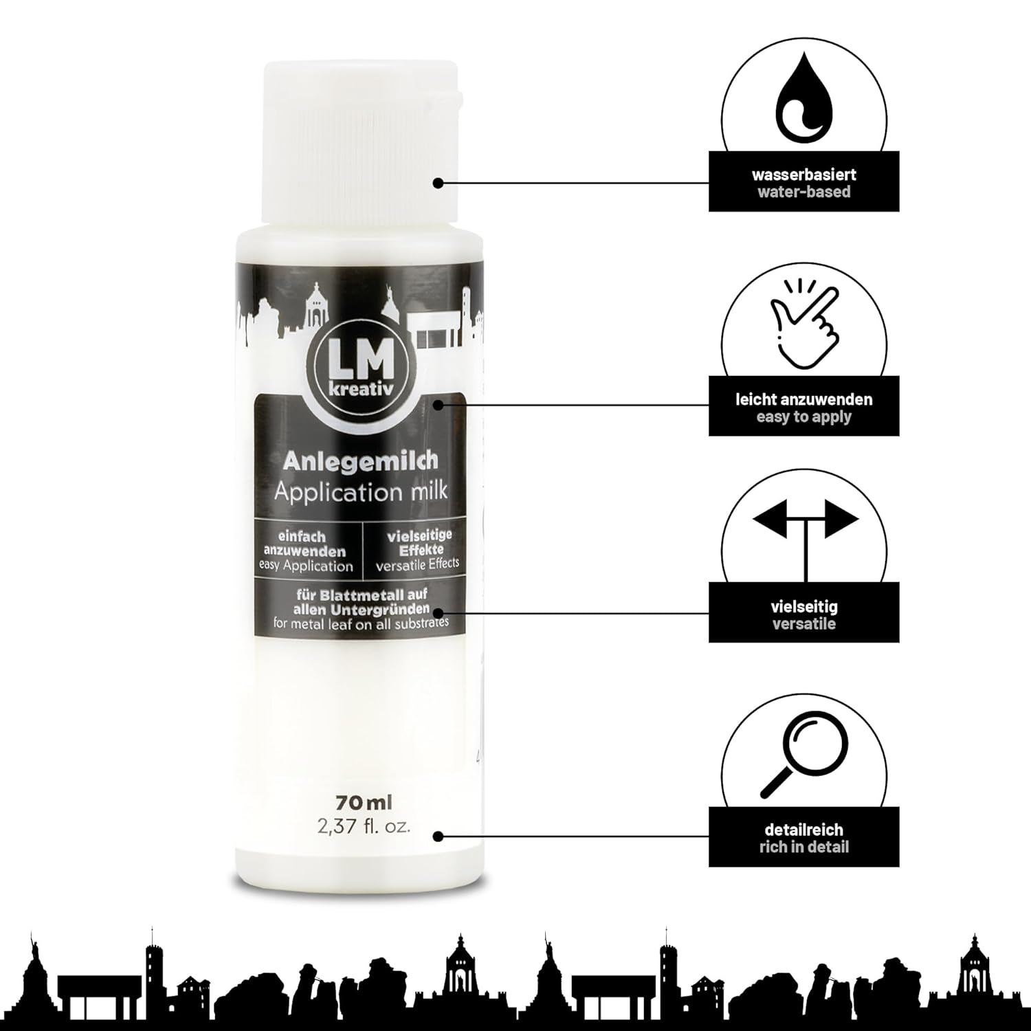 LM Kreativ Anlegemilch 70 ml mit Darstellung der Produkteigenschaften wie wasserbasiert, leicht anzuwenden, vielseitig und detailreich