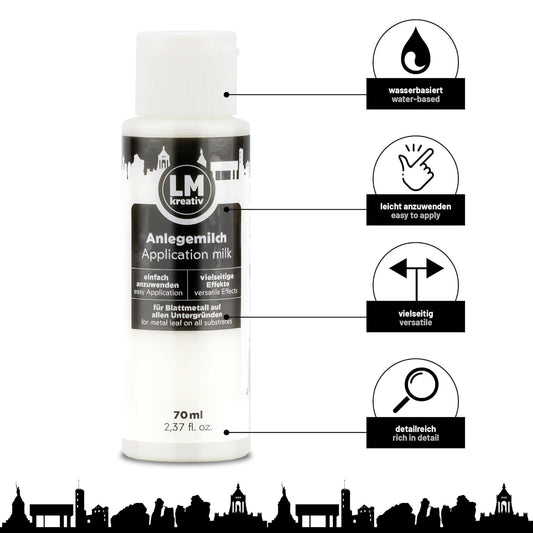 LM Kreativ Anlegemilch 70 ml mit Darstellung der Produkteigenschaften wie wasserbasiert, leicht anzuwenden, vielseitig und detailreich